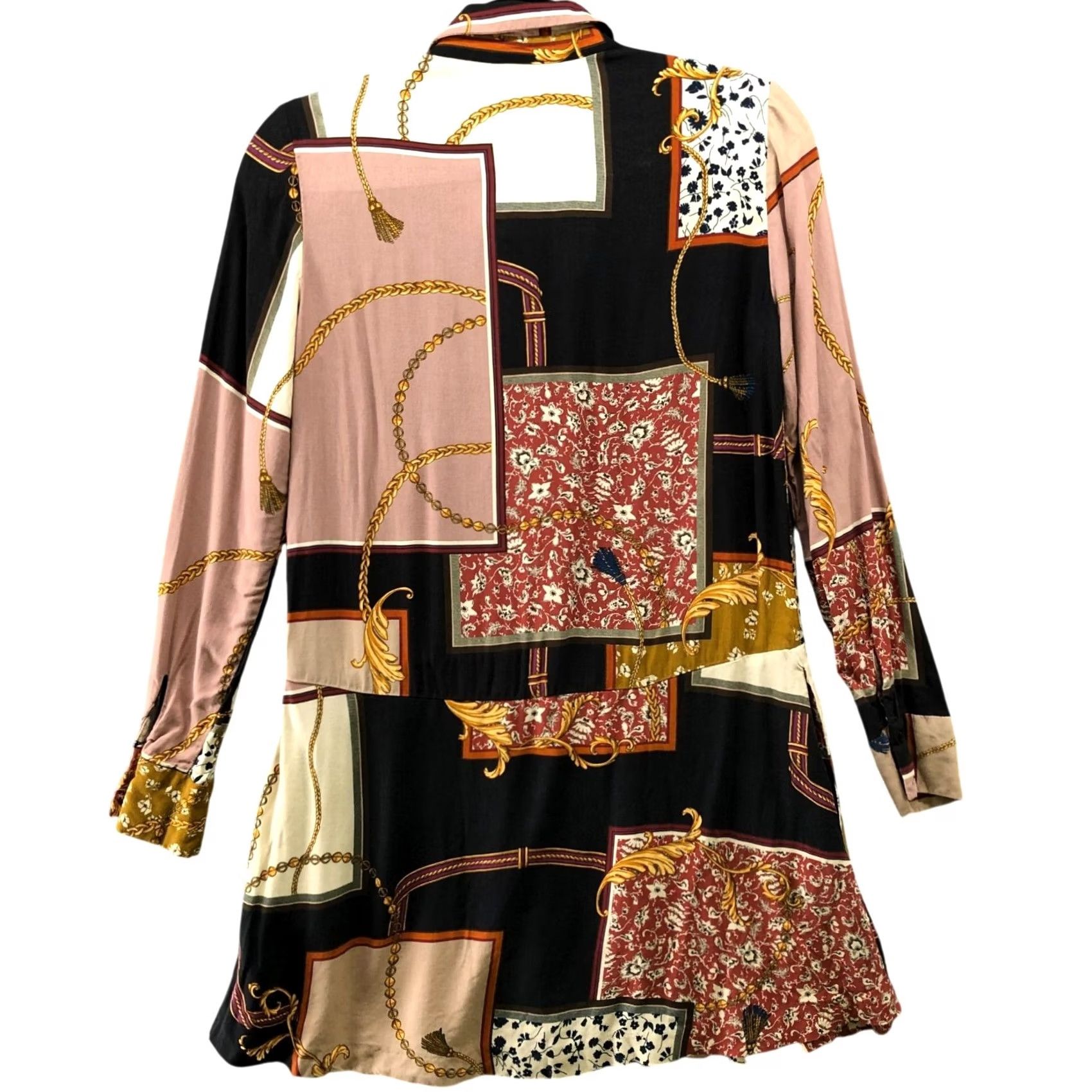 Zara Zara Shirt Dress Womens S Patchwork Chain Print Pleated Rayon Long Sleeve Mini A-Line Bohemian Hippie Beige Velvety? Size S / US 4 / IT 40 - 2 Thumbnail