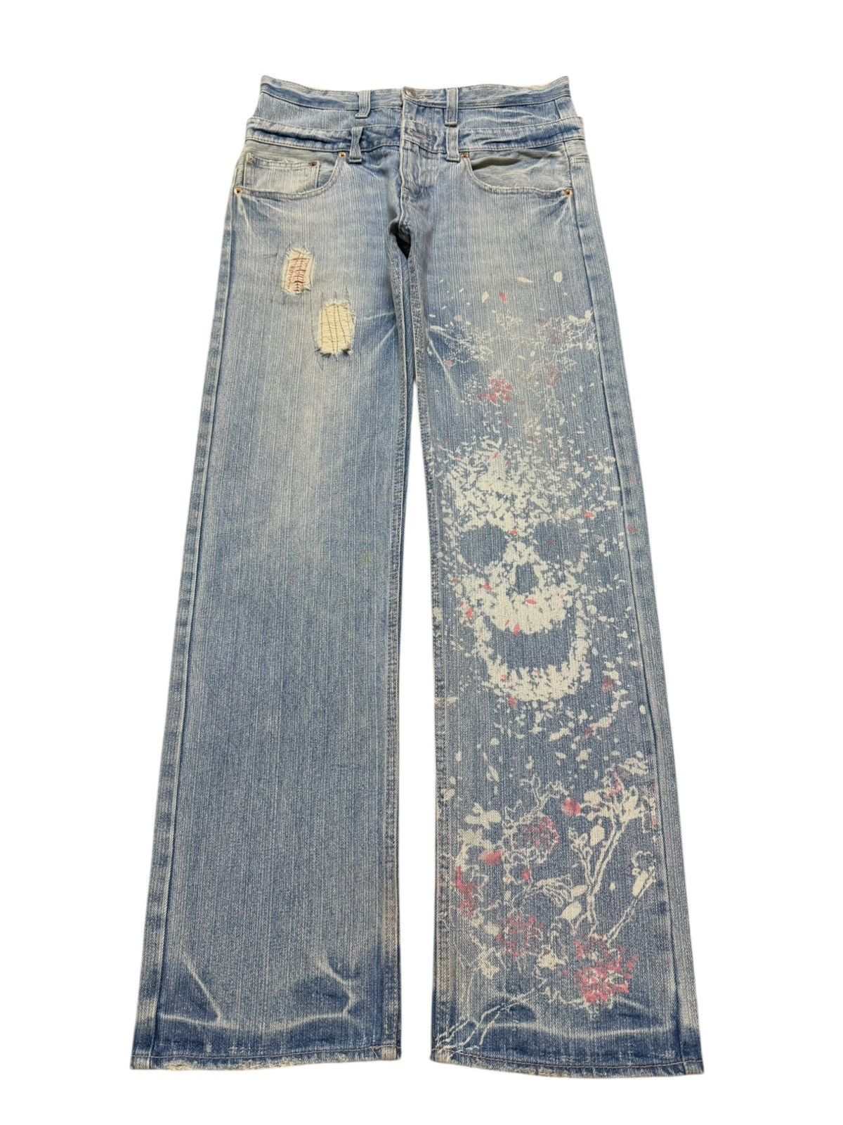 If Six Was Nine Vintage 90s Japan Double Waist Faded Paint Splatter Skull Size US 31 - 1 Thumbnail