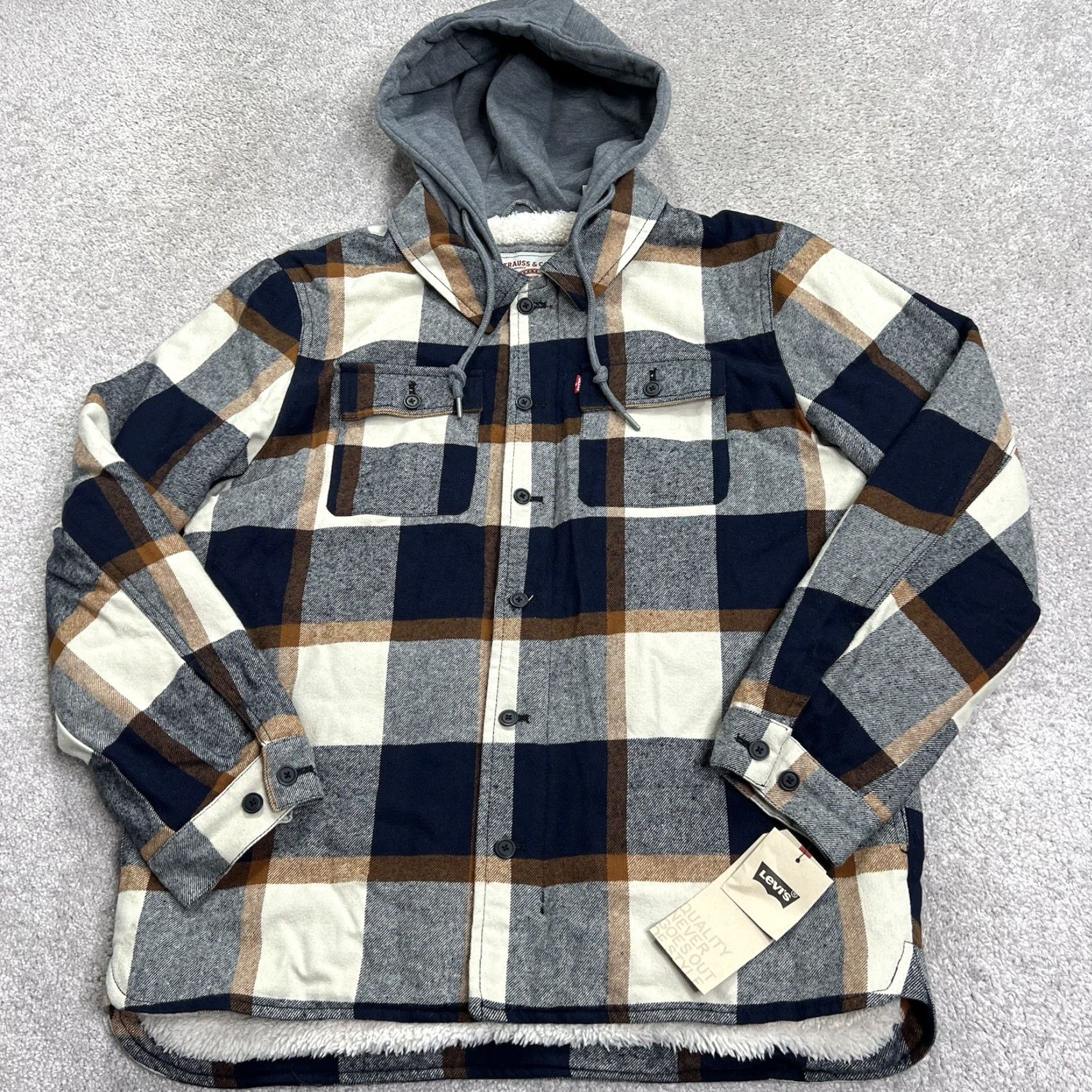 Levi's Levi Strauss Levi’s Made & Crafted Sherpa Lined Plaid Hoodie Jacket Men Large Full Zip Button Blue Multicolor NWT Size US L / EU 52-54 / 3 - 2 Thumbnail