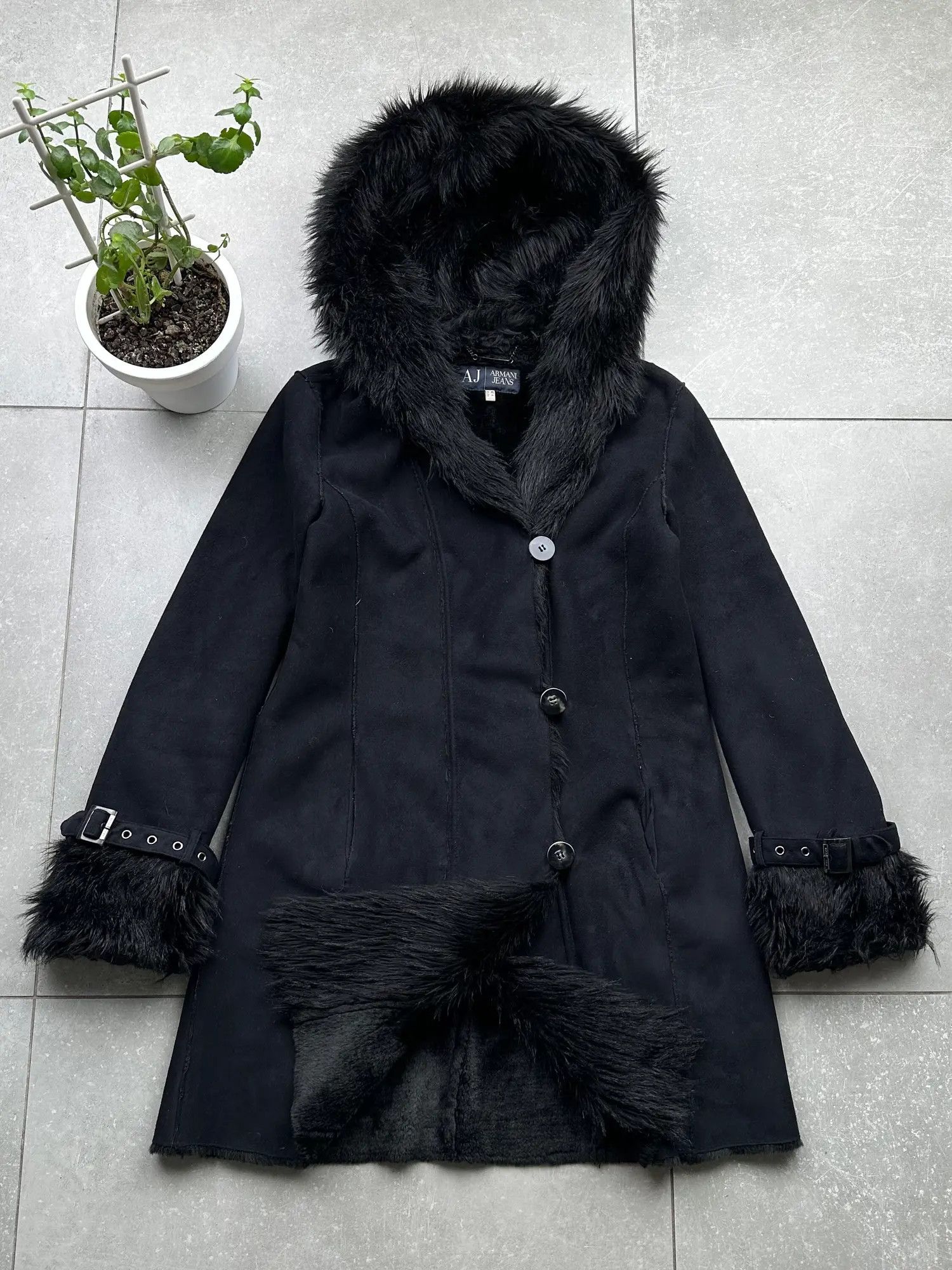 image of Armani Jeans Vintage Faux Sheepskin And Faux Fur Coat in Black, Women's (Size Small)