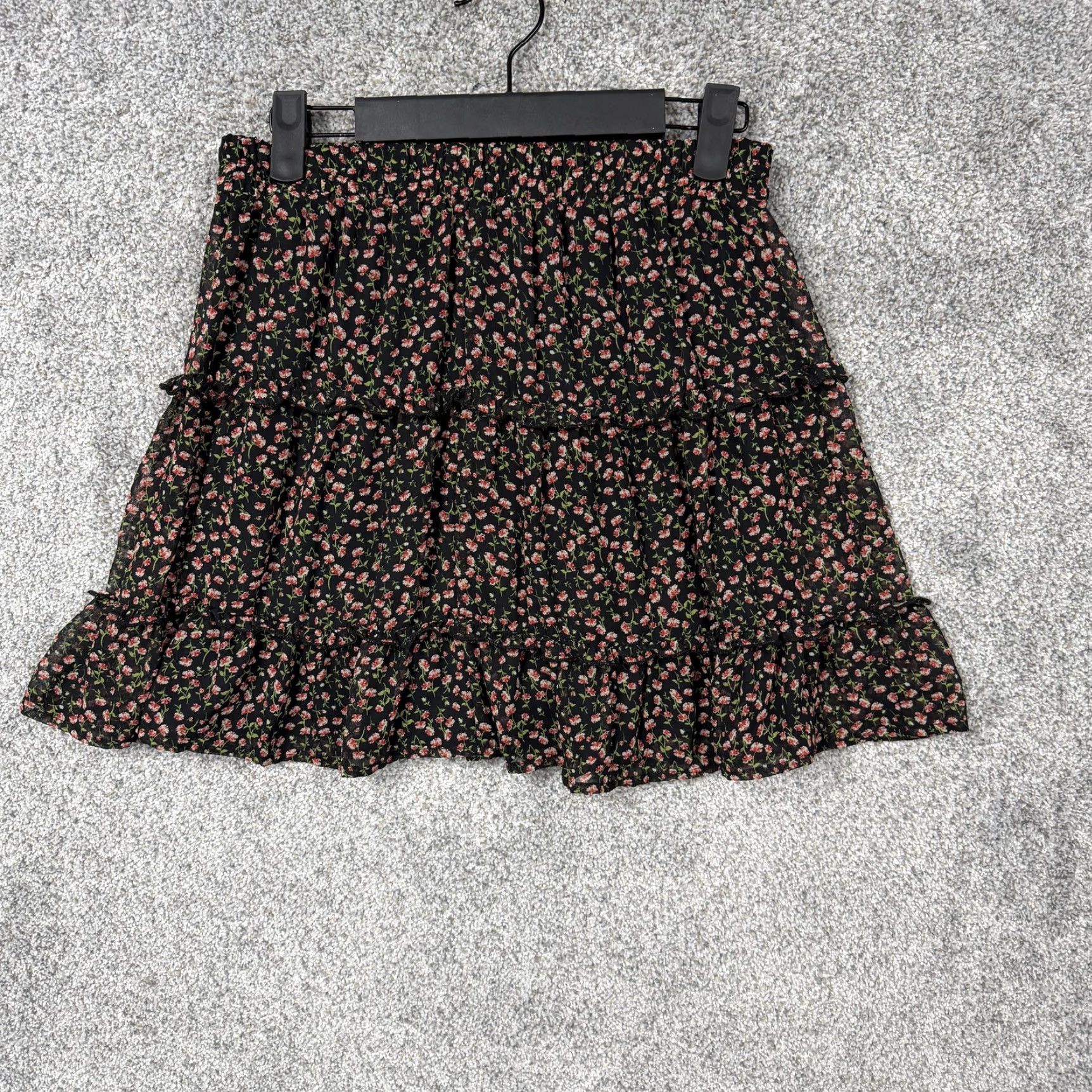 Vintage Sienna Sky Skirt Mini Floral Ruffle Tiered Black Elastic Waist Lined 90s Y2K Cottagecore Coquette Womens S Size 28" / US 6 / IT 42 - 7 Thumbnail