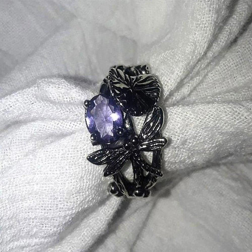Designer Retro Vintage Leaf Dragonfly Purple Crystal Silver Ring Size ONE SIZE - 2 Thumbnail