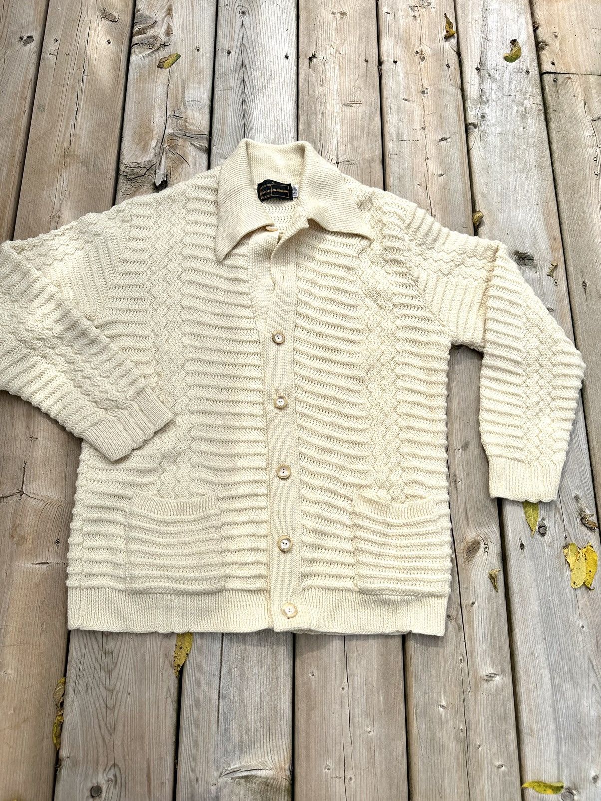 image of L L Bean x Sears Vintage 70's Sears Mens Wool Knit Cardigan Cream White (Size Small)