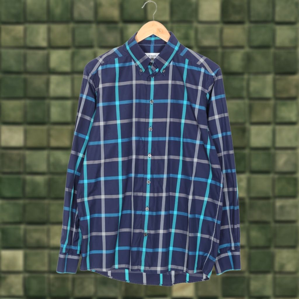Eton ETON Shirt Men L Blue Check Long Sleeve Signature Twill Casual Formal Button-Up Regular Fit Size US L / EU 52-54 / 3 - 1 Thumbnail
