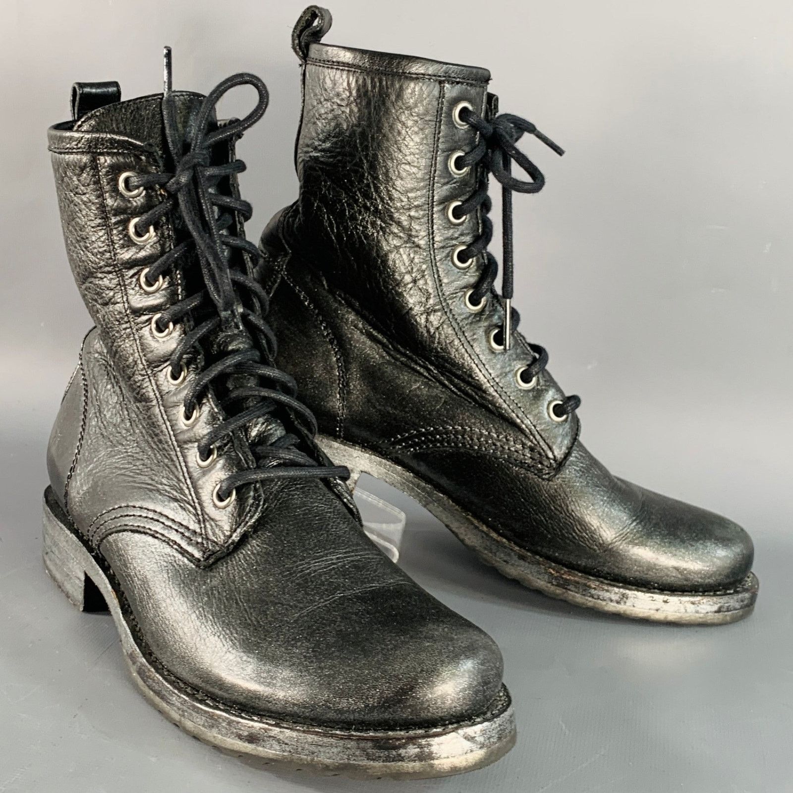 Frye FRYE Size 7 Black Silver Leather Metallic Lace-Up Boots Size US 7 / IT 37 - 1 Thumbnail