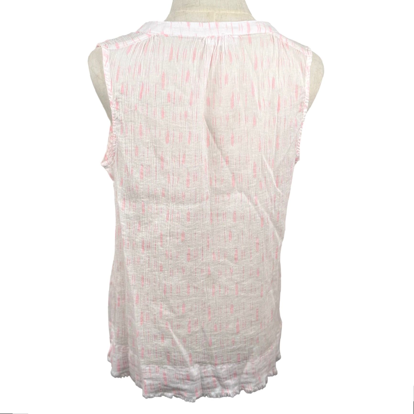 Vintage Carve Designs Dylan Sleeveless Blouse M Pink White Ikat Stripe Frayed Hem Coastal Bohemian Beach Summer Women Regular V-Neck Pullover Size M / US 6-8 / IT 42-44 - 3 Thumbnail