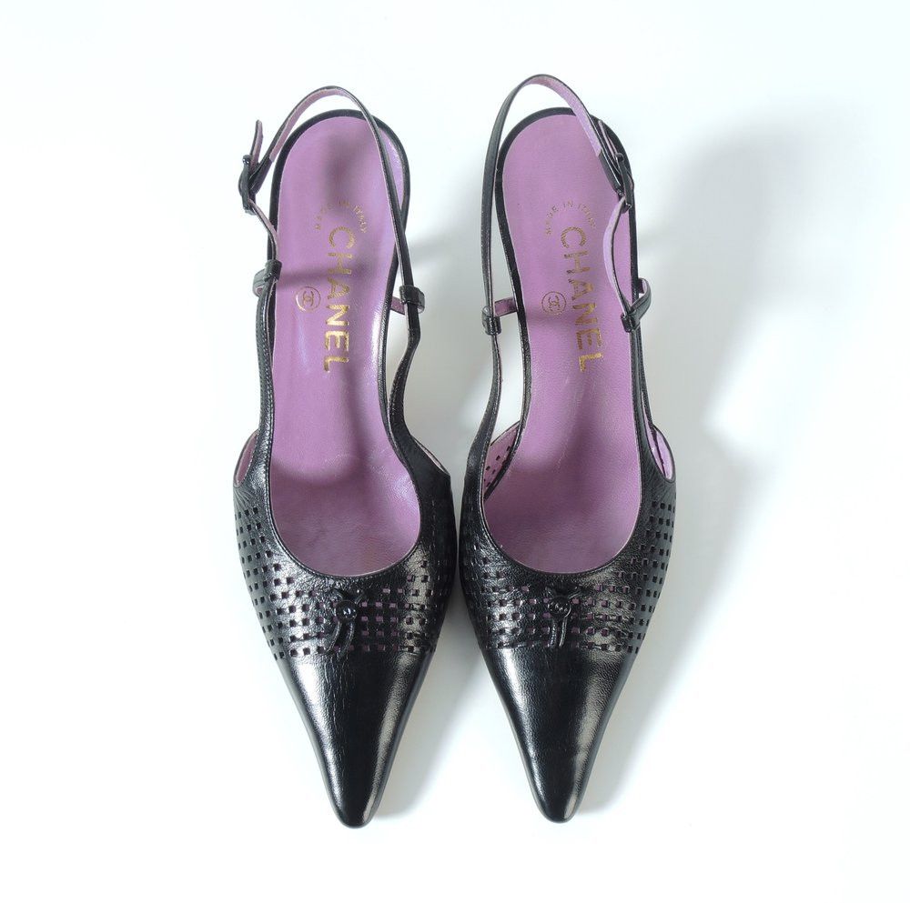 image of Chanel O1Smst1Ft0424 Slingback Kitten Heel Shoes In Black, Women's (Size 6.5)