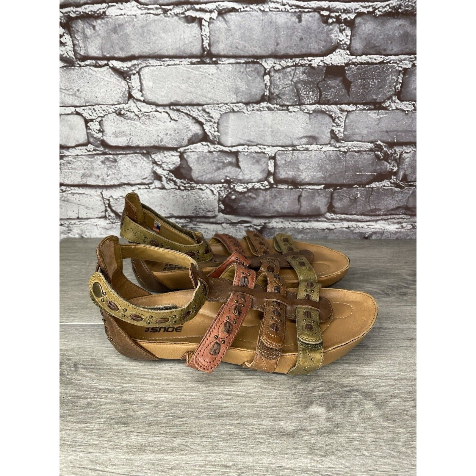 Other Earth Kalso Empire Bat Brown Leather Green Ankle Strap Wedge Size US 7.5 / IT 37.5 - 18 Thumbnail