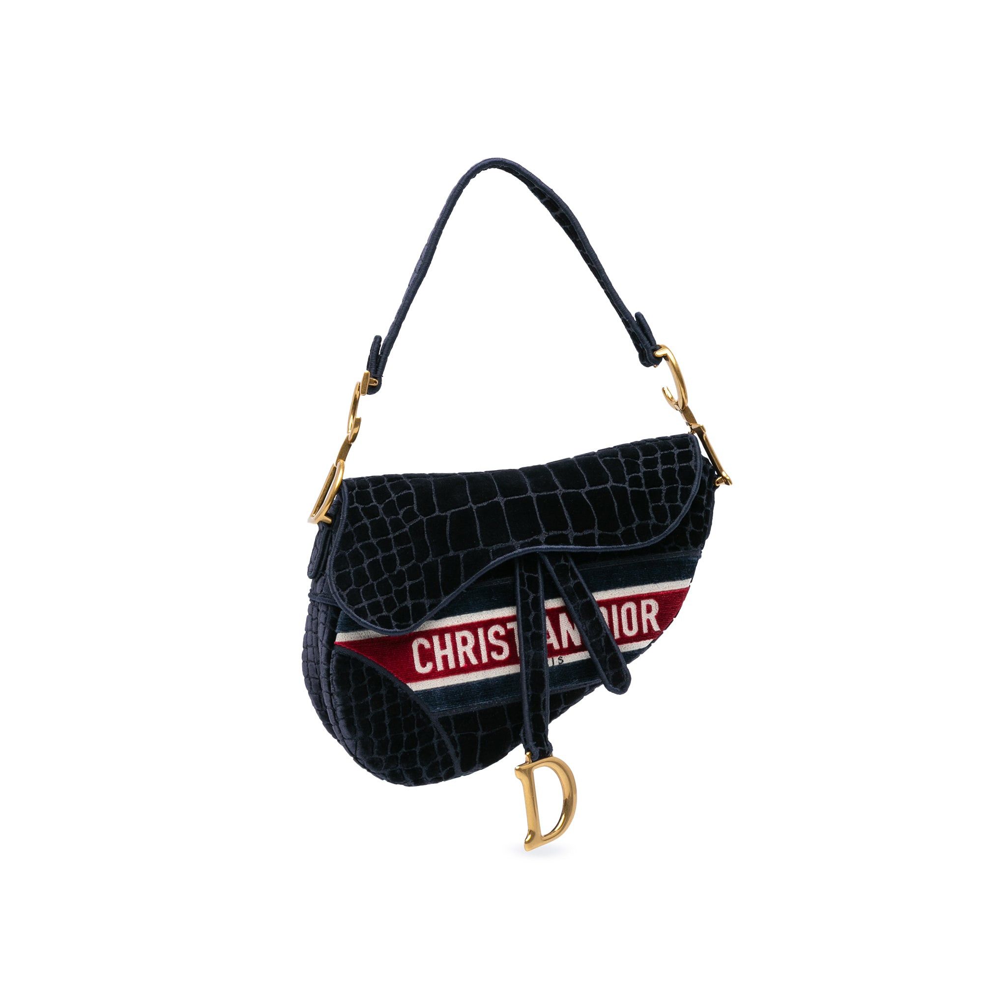 Dior Velvet Crocodile Effect Embroidered Saddle Bag Blue