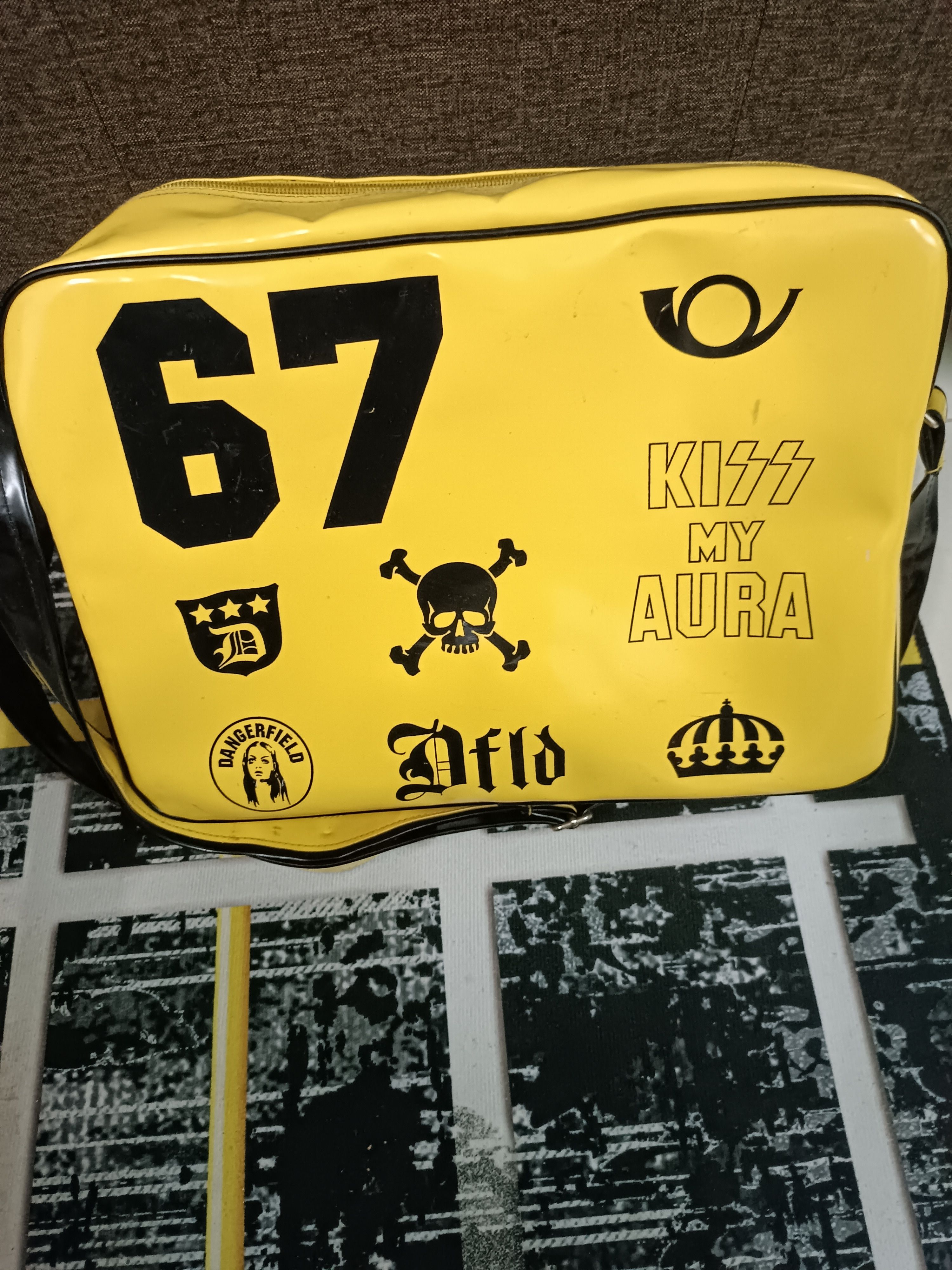 image of Dangerfield x Hysteric Glamour Dangerfiels Skulls Kiss My Aura Sling Bag in Yellow, Men's