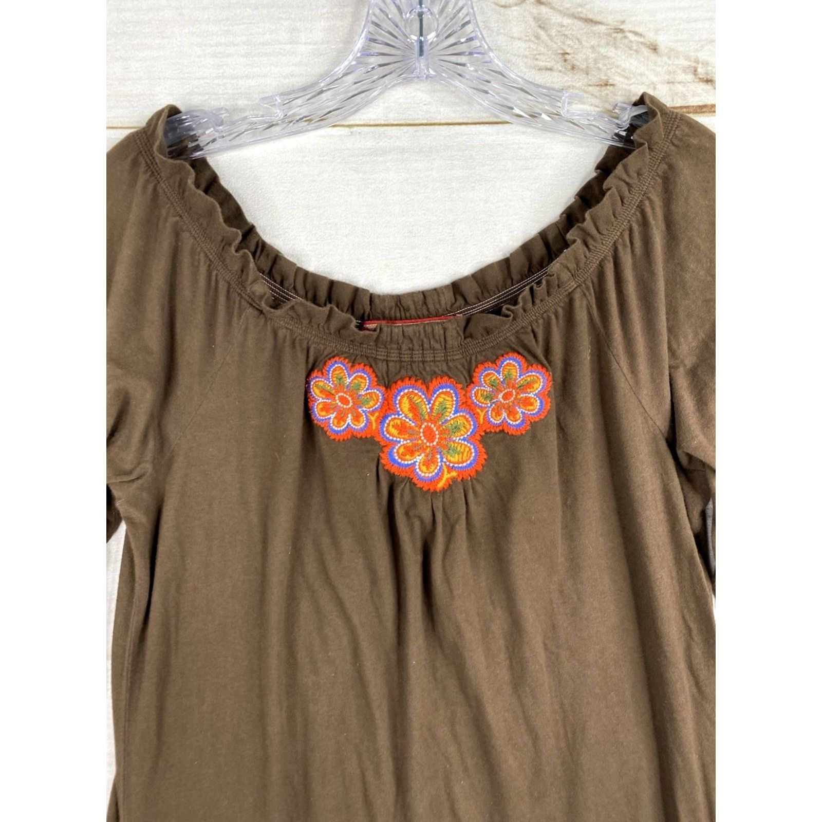 Johnny Was Johnny Was Dress Womens S Brown Cotton Floral Boho Embroidered Off Shoulder Shirt Dress Size S / US 4 / IT 40 - 2 Thumbnail