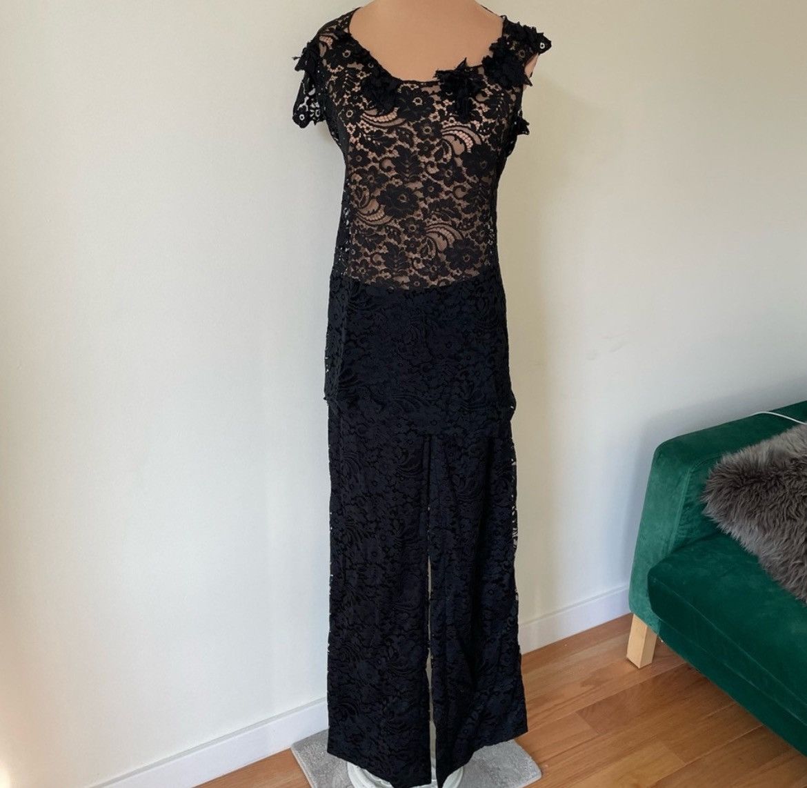 image of Dolce Gabbana VTG Lace 2 Piece Set Wide Leg Pants Top in Black, Women's (Size 26)