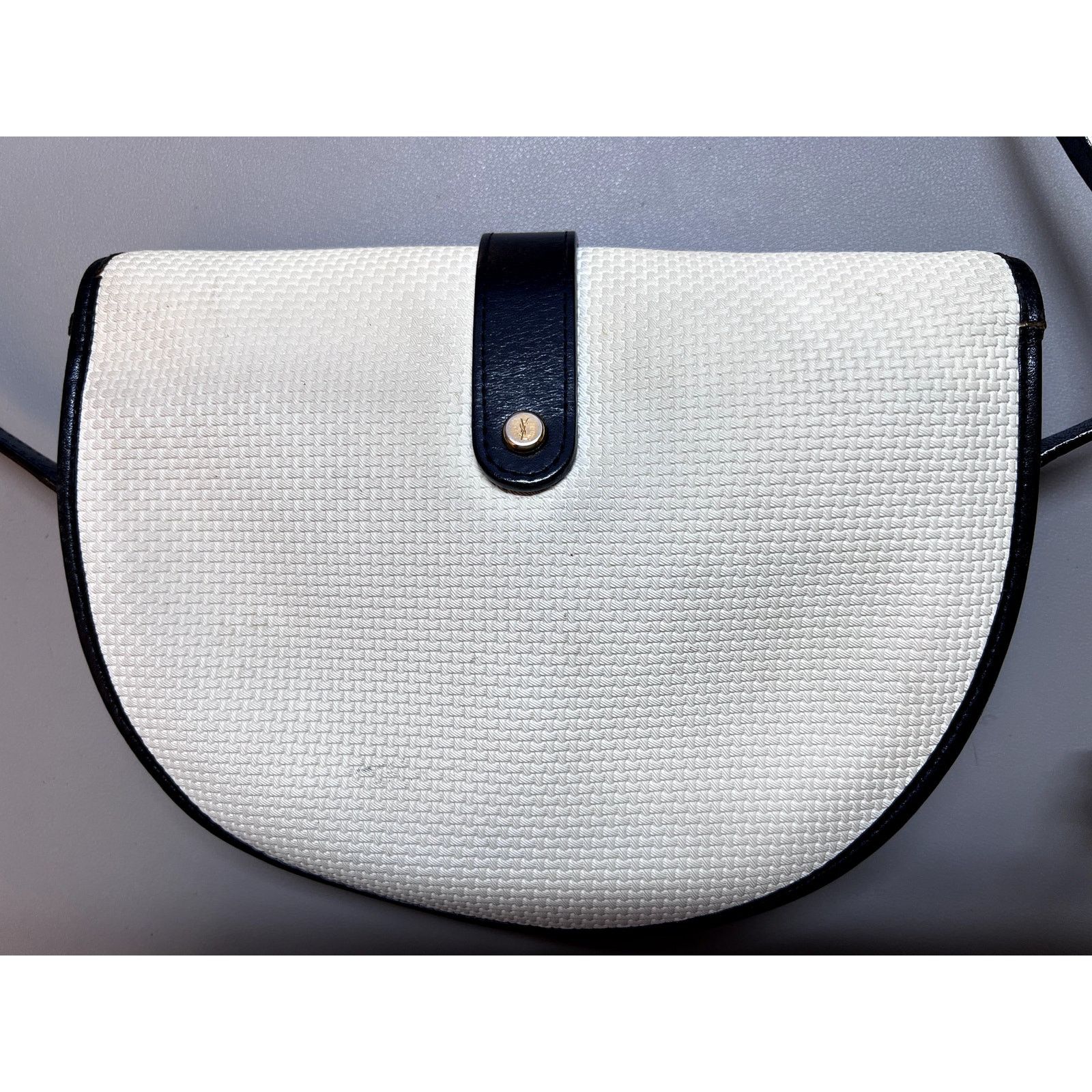 Yves Saint Laurent VINTAGE Late Y2K YSL Ivory Navy Blue Canvas Woven Crossbody Size ONE SIZE - 3 Thumbnail