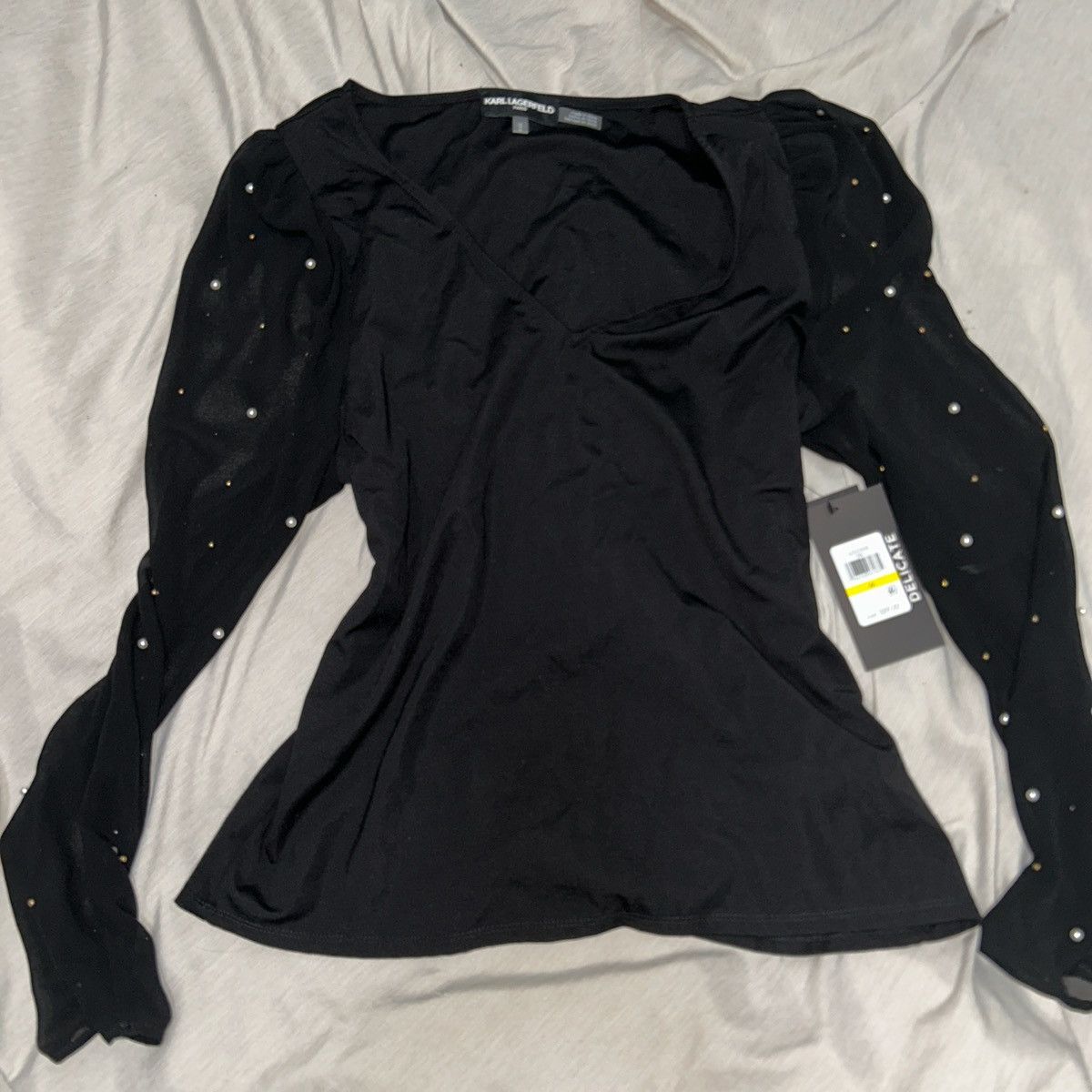 Karl Lagerfeld Neck Embellished Sheer-Sleeve Top Size M / US 6-8 / IT 42-44 - 4 Thumbnail