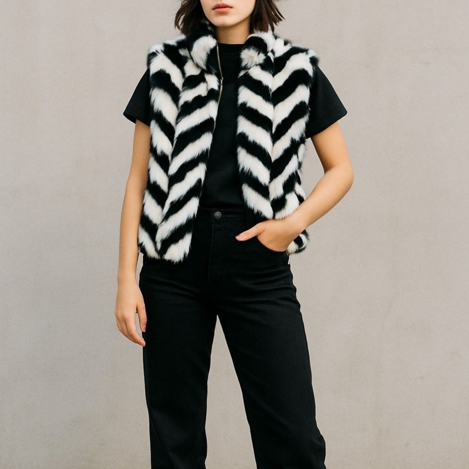 Vintage Vintage Vest Black & White Checkered Faux Fur Vest Medium Size M / US 6-8 / IT 42-44 - 1 Thumbnail