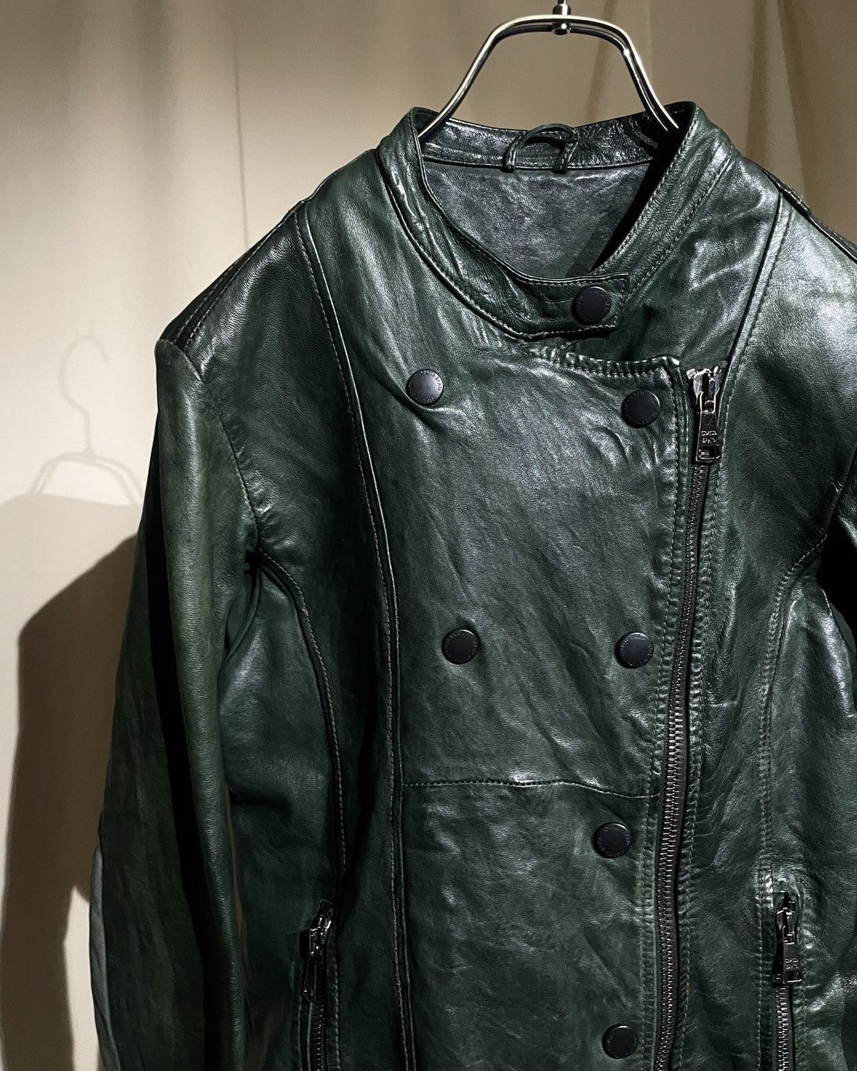 Giorgio Brato Giorgio Brato Oxidized Green Asymmetric Snap Leather Jacket Size S / US 4 / IT 40 - 3 Thumbnail