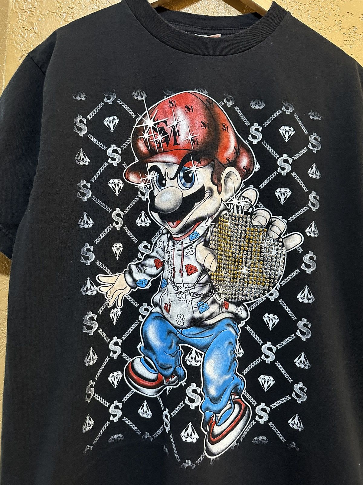 Vintage Gangster Mario Iced Out Chain T Shirt Large Y2K