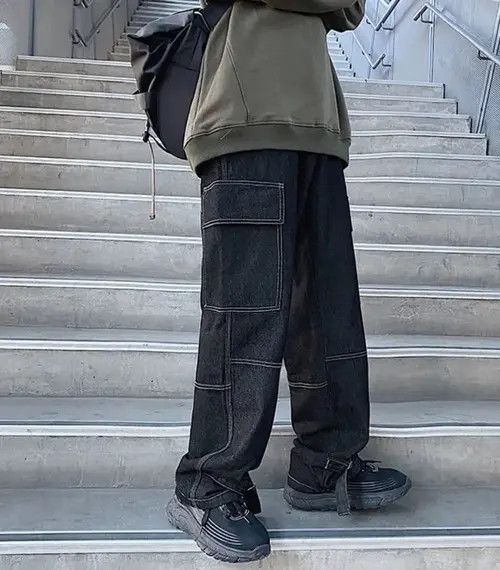 Japanese Brand Black Color Loose Straight Baggy Denim Pant Size US 31 - 2 Thumbnail