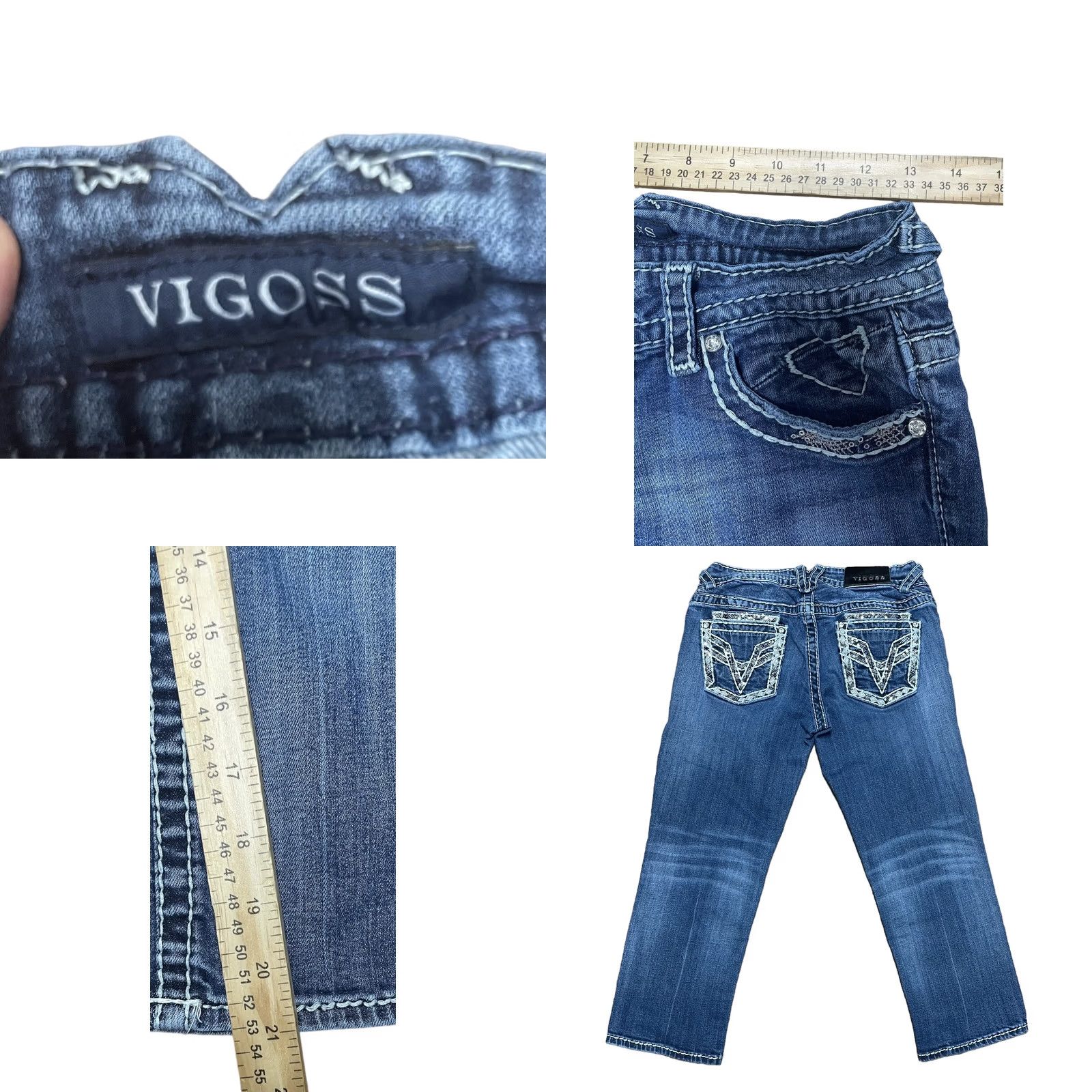 Vintage VIGOSS Jeans Capri Blue Studded Rhinestone Buttons Embroidered 3-4 28 Inseam 21in 5-Pocket Womens Capris Size 28" / US 6 / IT 42 - 8 Thumbnail