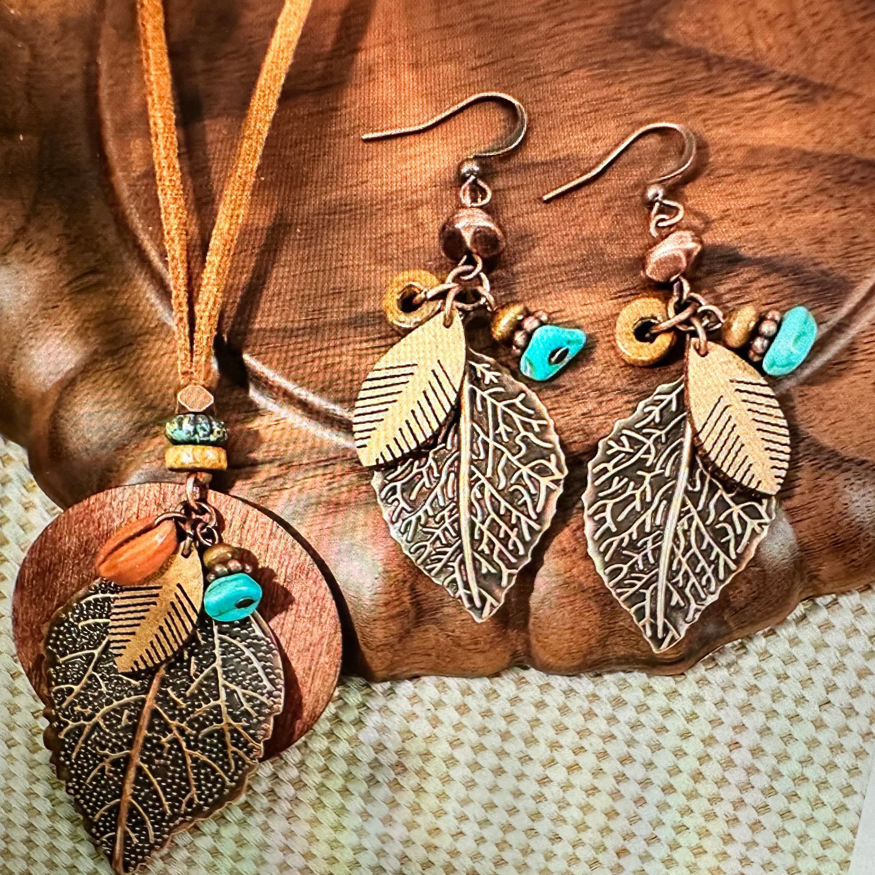 Other Bohemian Retro Copper Leaf Pendant Necklace Earrings Set For Size ONE SIZE - 8 Thumbnail