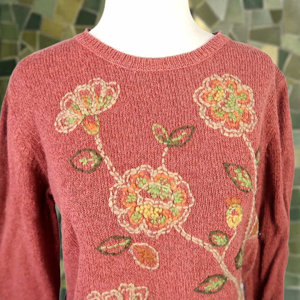 Vintage VINTAGE Alfred Dunner Sweater Shirt Women Petite M Orange Floral Embroidered Knit Bohemian Long Sleeve Pullover Cotton Ramie Autumn Winter Spring Fall Size M / US 6-8 / IT 42-44 - 1 Thumbnail