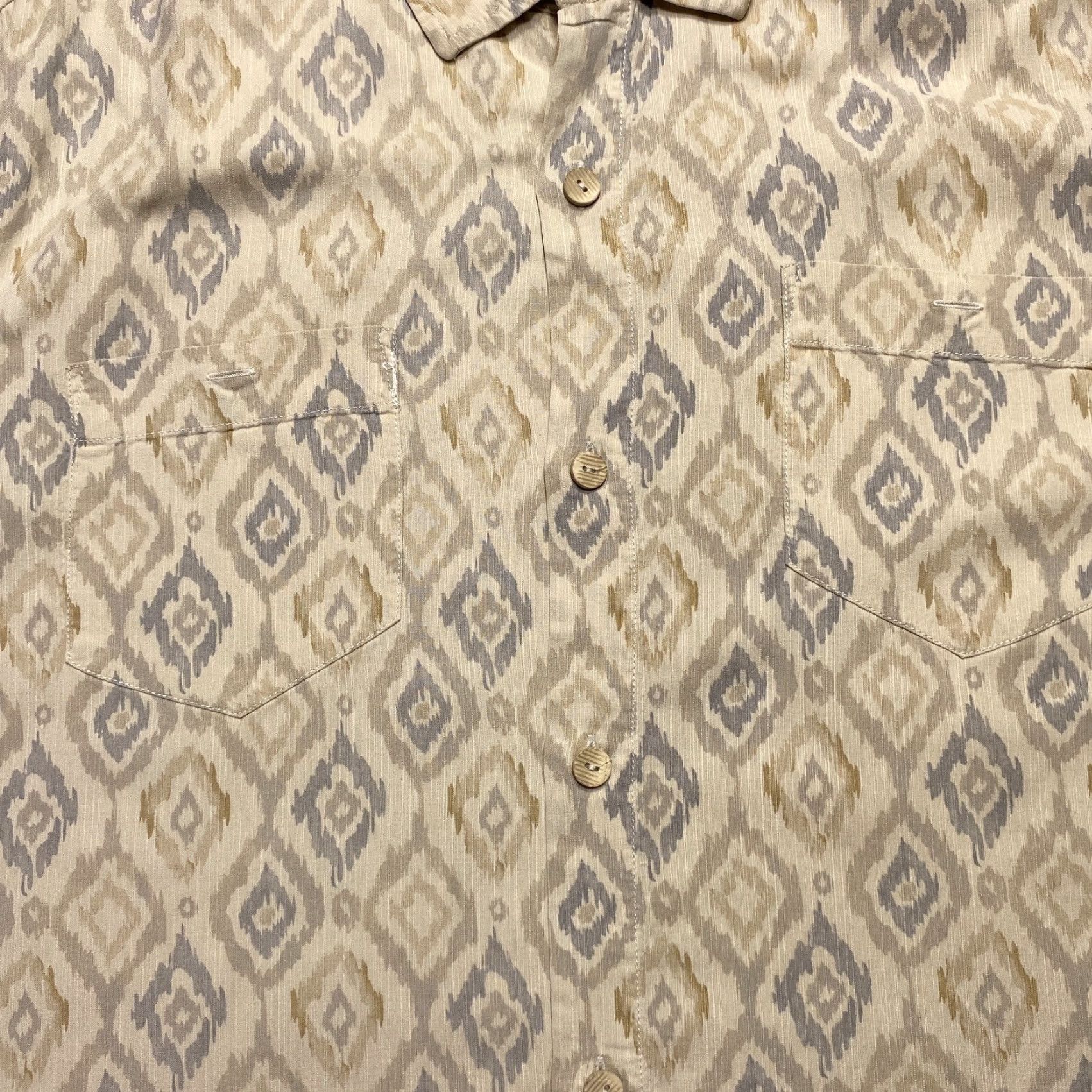 Tommy Bahama Tommy Bahama Shirt Mens XL Tan Grey Ikat Diamond Print Silk Short Sleeve Button-Up Casual Travel Summer Beach Size US XL / EU 56 / 4 - 2 Thumbnail