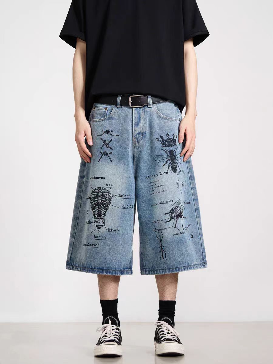 Vintage Retro graffiti insect pattern baggy denim shorts Size US 33 - 1 Thumbnail