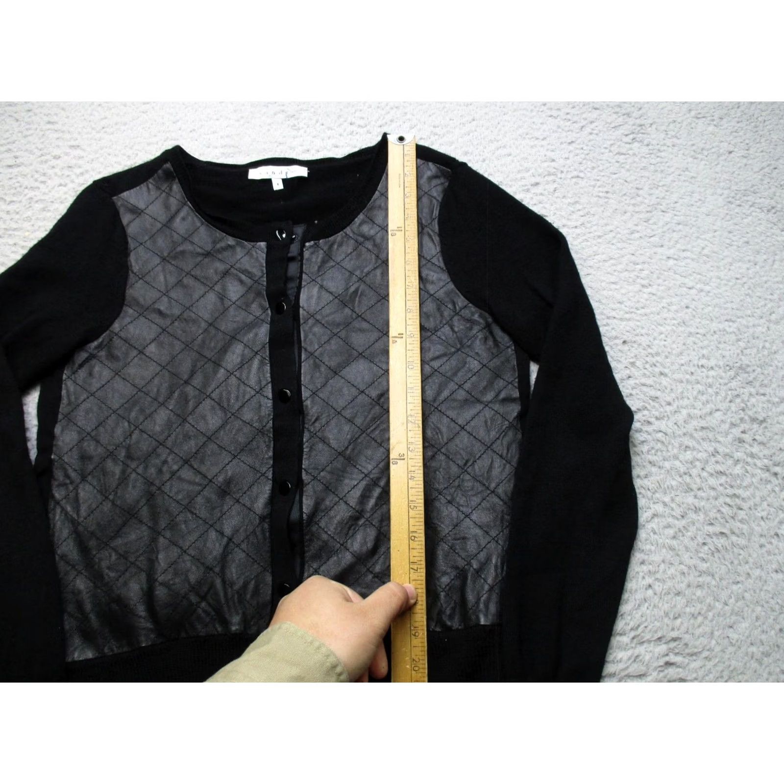 Sandro Sandro Womens Cardigan Sweater Small Black Merino Wool Leather Front Quilted Size XS / US 0-2 / IT 36-38 - 3 Thumbnail