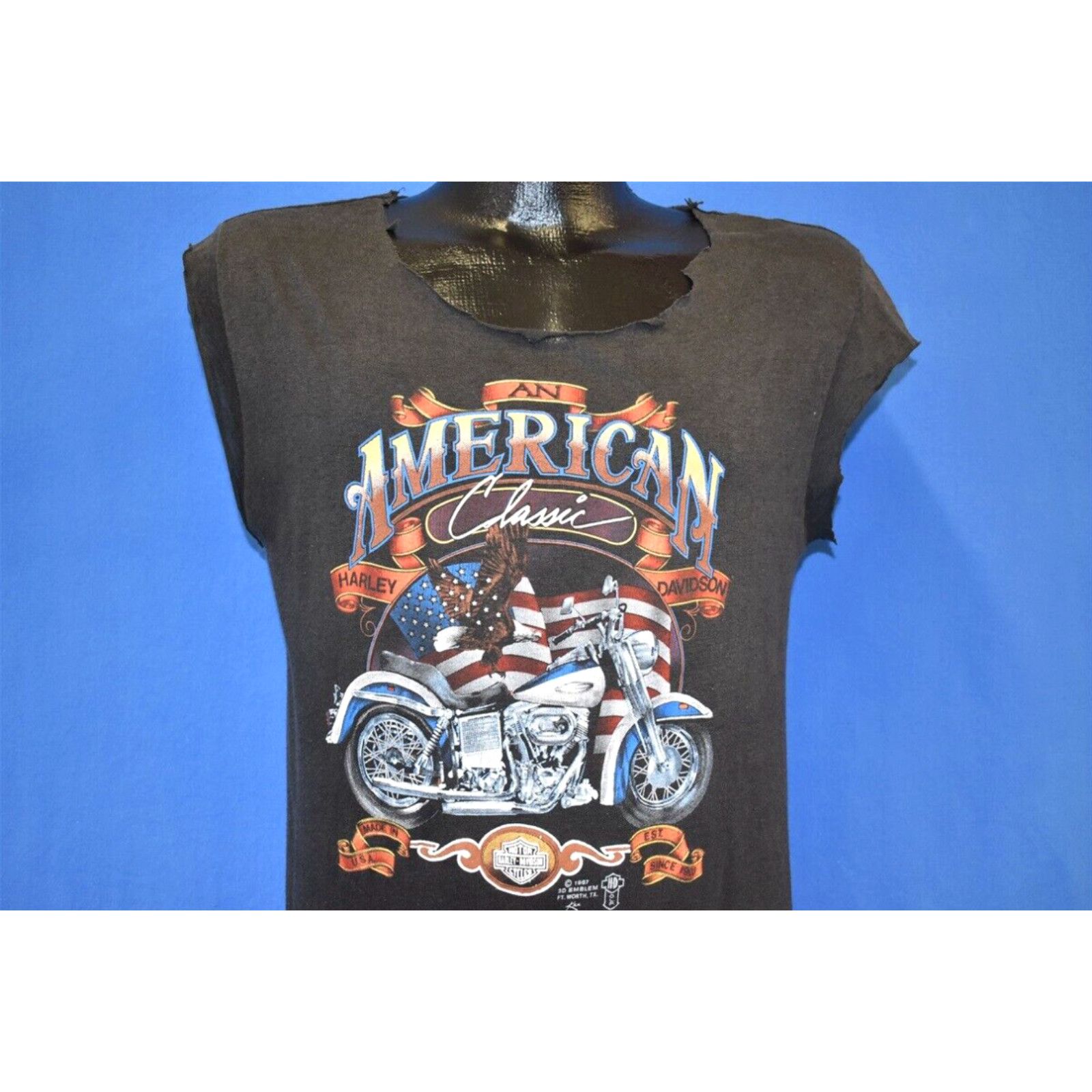 image of VTG 80's 3D Emblem Harley Davidson Rocky's Motorcycle Supply Flint Cut T-Shirt S in White (Size Sma