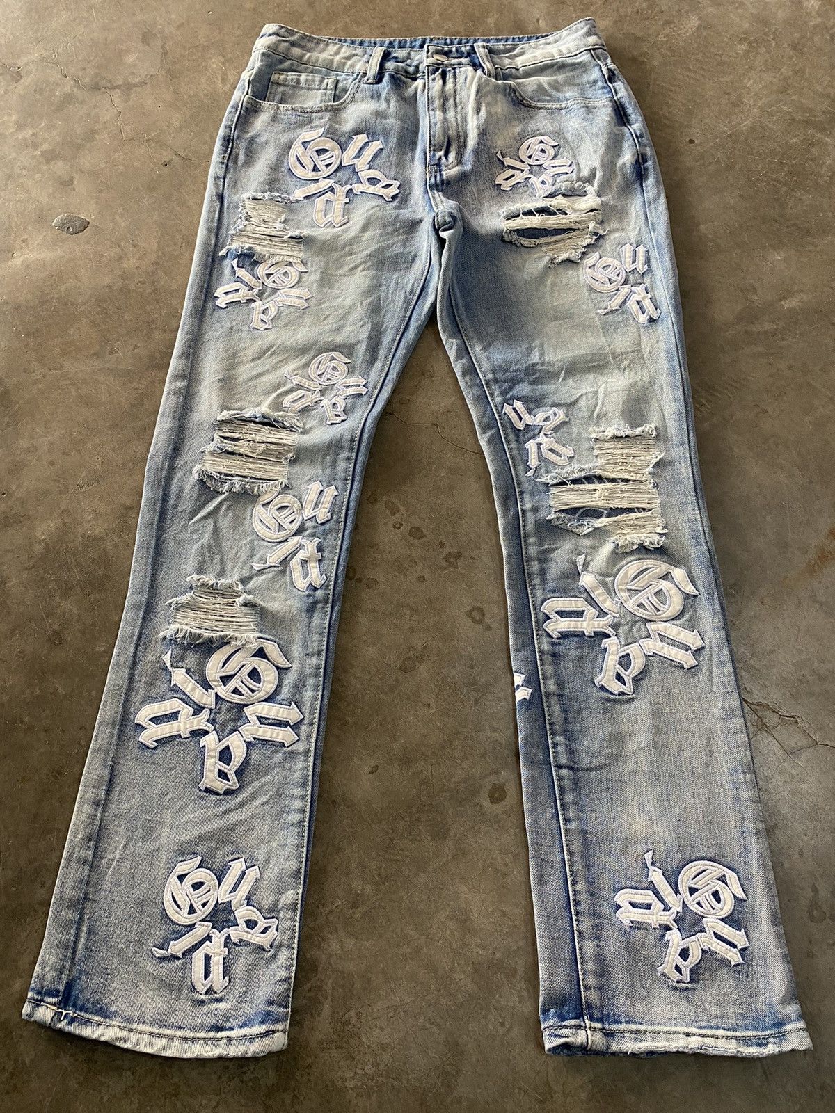 Japanese Brand Y2k Letter Embroidery Street Style Ripped Denim Pants Size US 30 / EU 46 - 3 Thumbnail