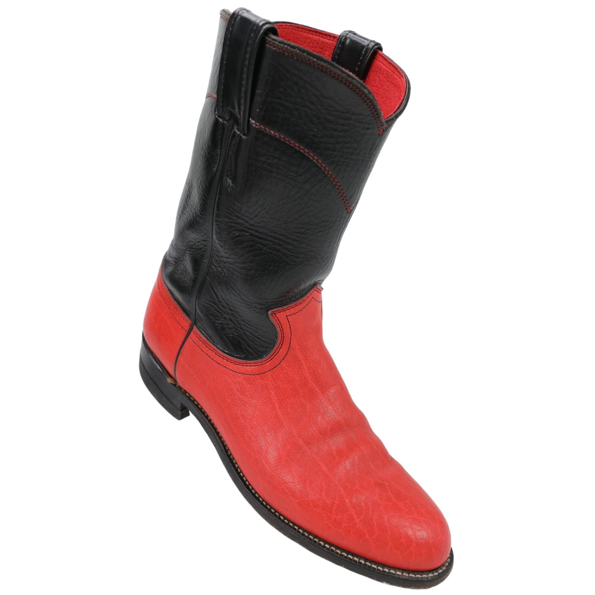 image of Vintage Justin Roper Women's 8.5B Black Red Leather Cowboy Shoes in Red/Black
