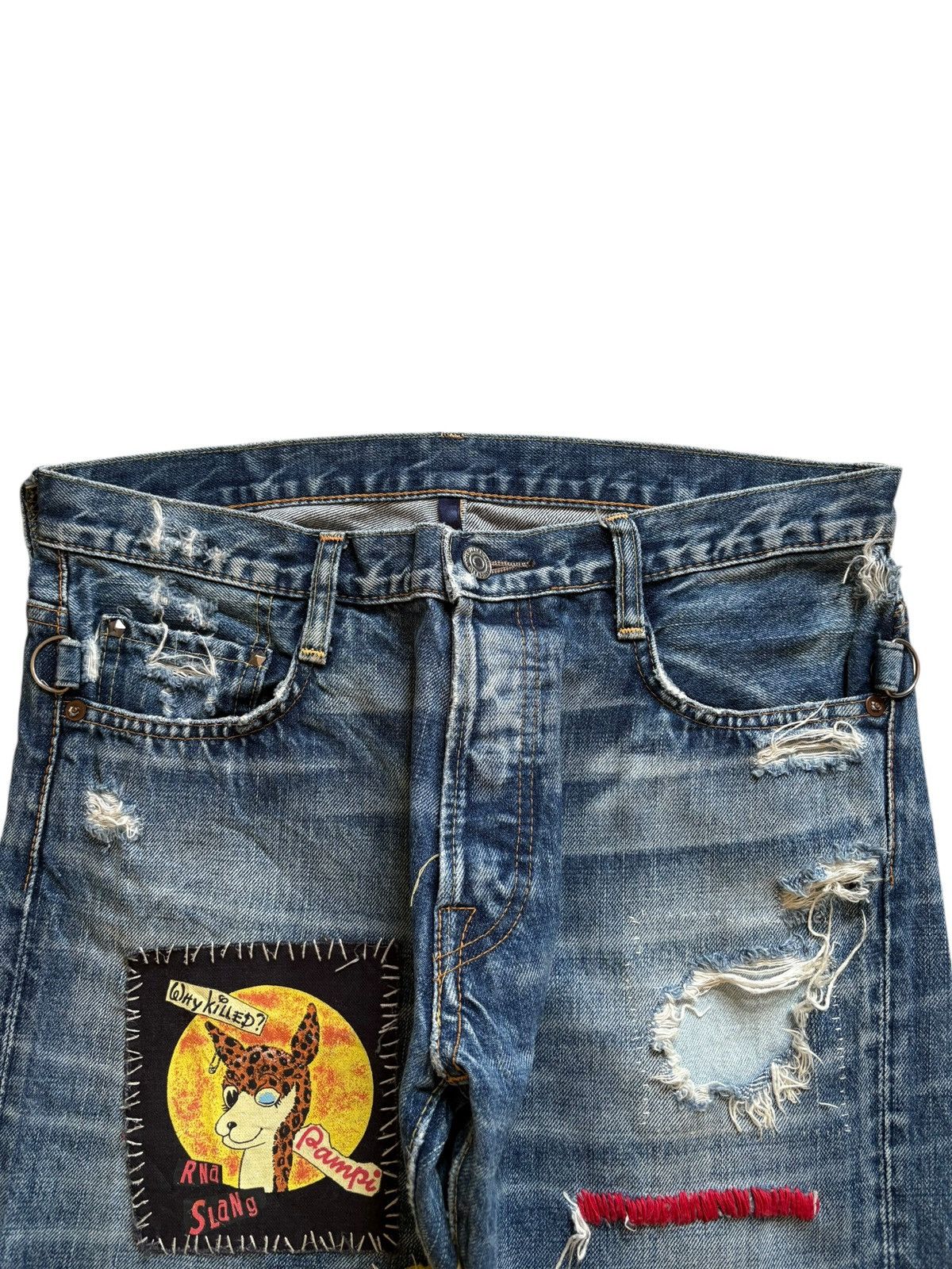 Japanese Brand Vintage Rna Slang Faded Wash Patchwork Distressed Jeans Size 31" - 4 Thumbnail