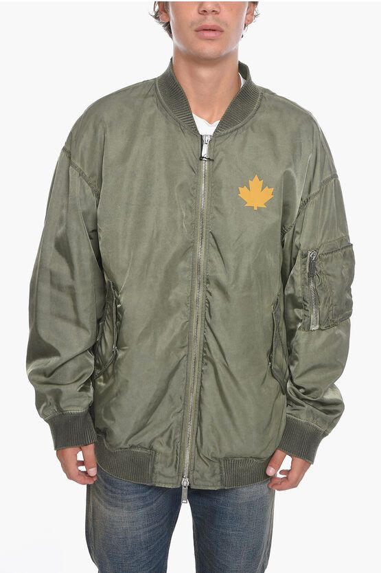 image of Dsquared2 One Life One Planet Multipocketed Nylon Bomber Jacket in Military Green (Size Large)