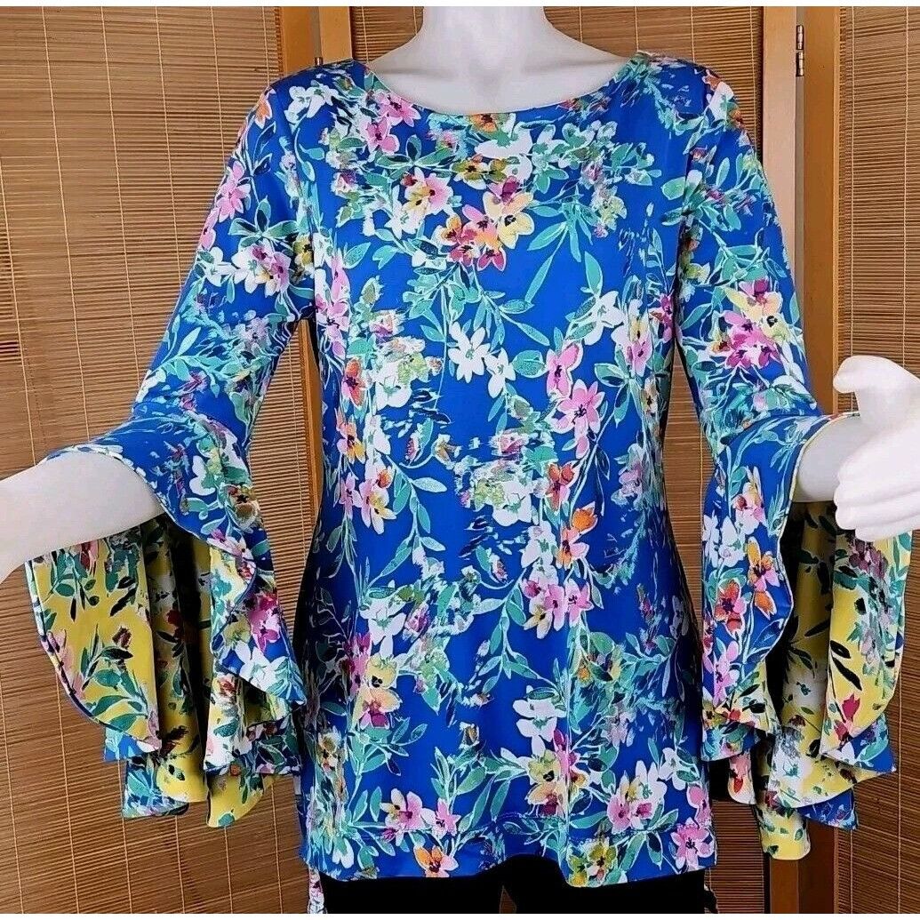 Vintage Shelby Palmer Bell Sleeve Tunic Top Womens 12 Teal Floral Pr Size XL / US 12-14 / IT 48-50 - 1 Thumbnail