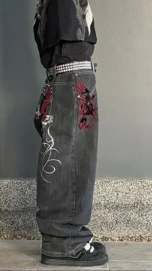 Designer × Japanese Brand Baggy Harajuku Embroidery Y2k Jean Size US 37 - 3 Thumbnail