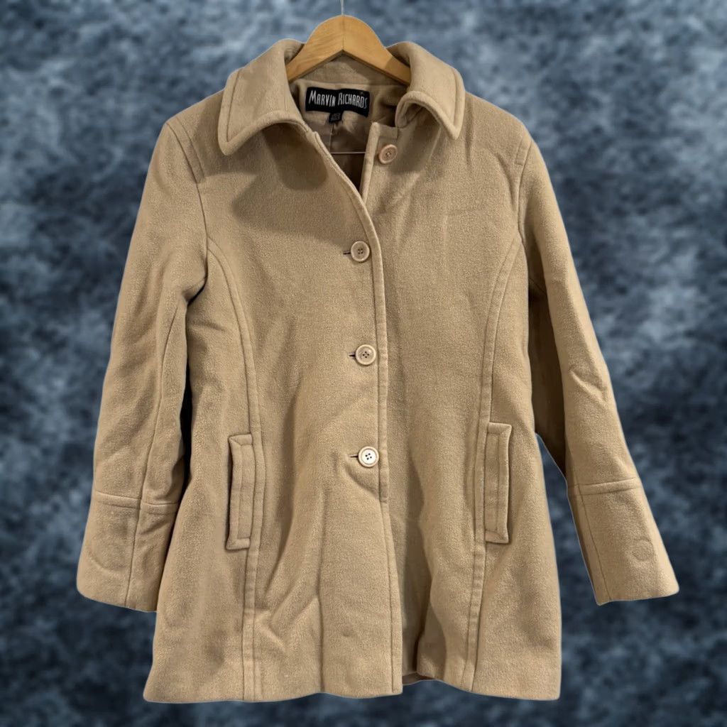 Vintage VINTAGE Marvin Richards Coat Womens Long Beige Wool Blend Collared Button Front Pea Coat L Size L / US 10 / IT 46 - 1 Thumbnail
