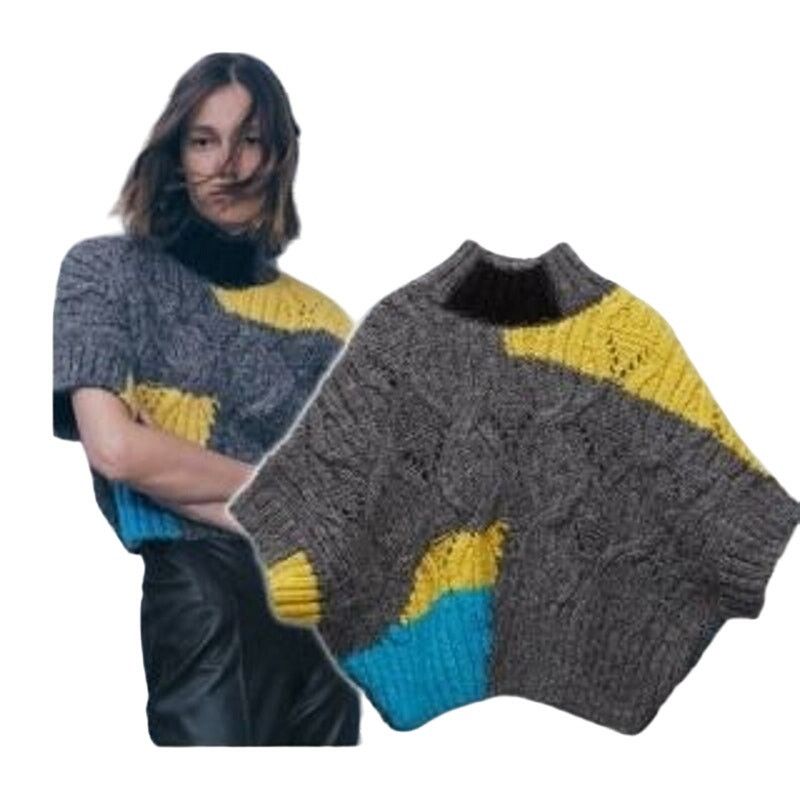 Zara Zara Gray Colorblock Cable Knit Mock Neck Poncho Sweater Size M / US 6-8 / IT 42-44 - 1 Thumbnail