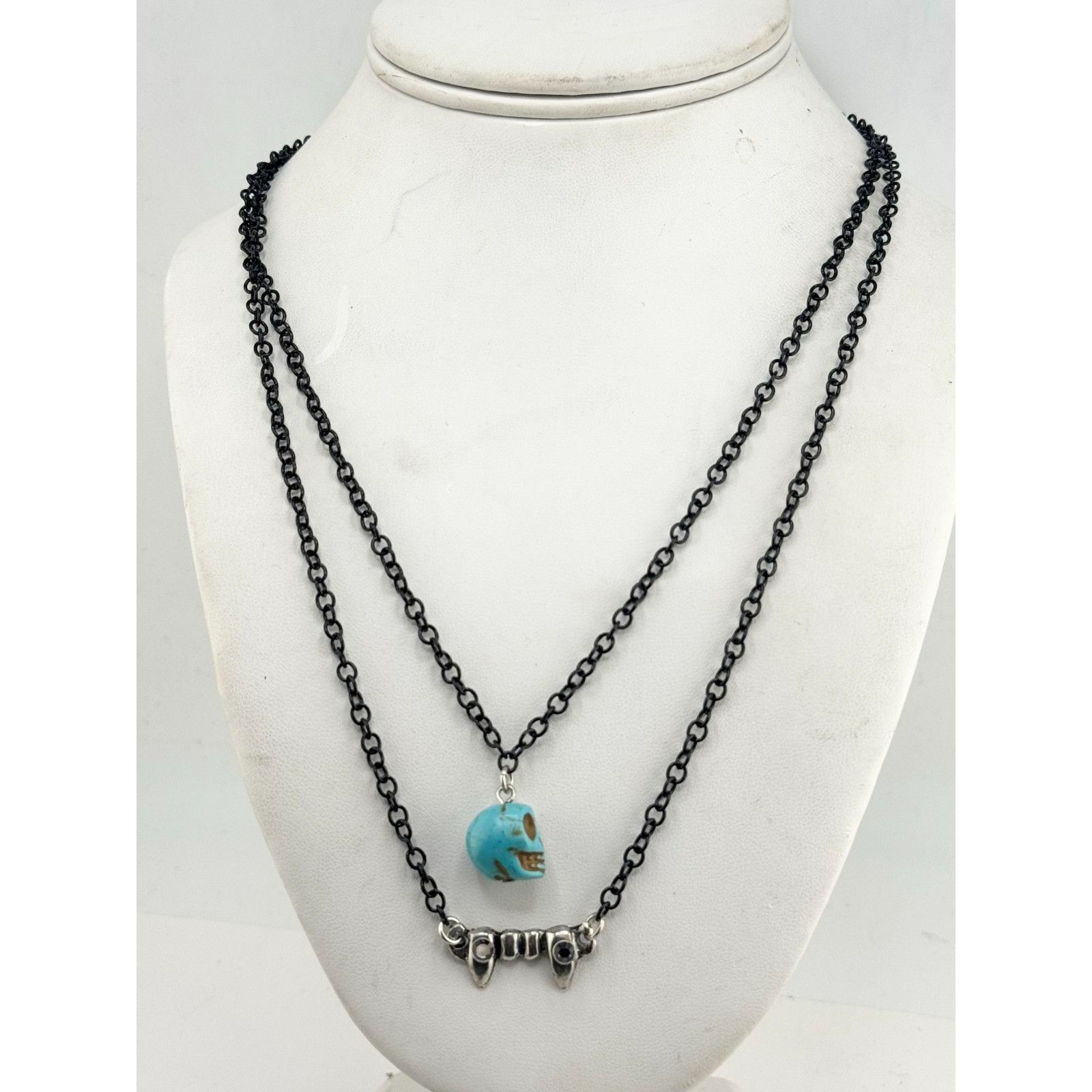 Vintage Blue Howlite stone skull rhinestone fangs double chain Hallo Size ONE SIZE - 3 Thumbnail