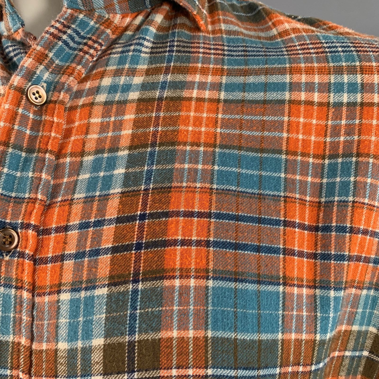 45rpm Blue Orange Plaid Cotton Curved Cutaway Flannel Shirt Size US XL / EU 56 / 4 - 4 Thumbnail