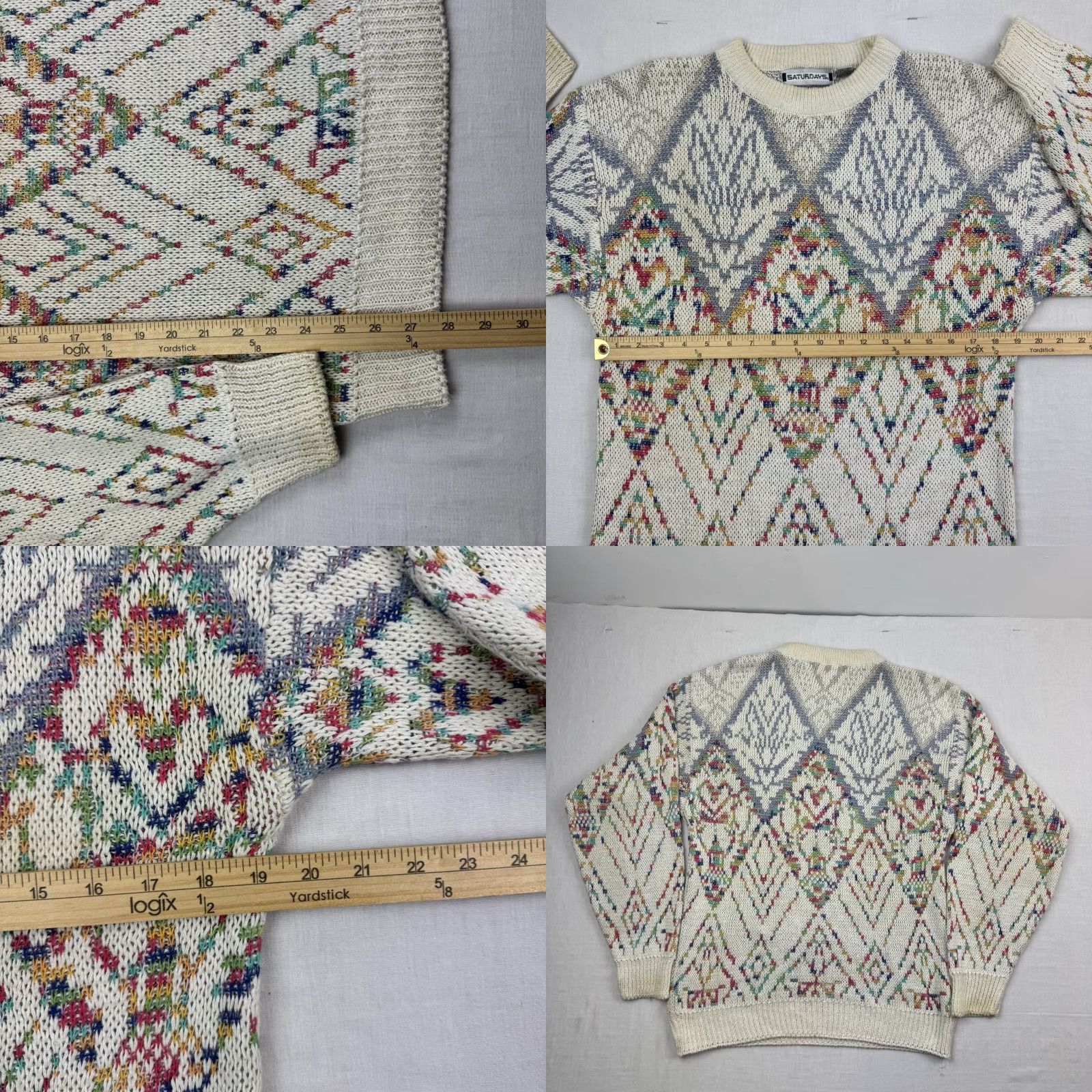 Saturdays NYC VINTAGE Saturdays Sweater Mens Pullover Adult Medium Ivory Cream Knit Geometric 90s Classic Crew Neck Long Sleeve Size US M / EU 48-50 / 2 - 8 Thumbnail