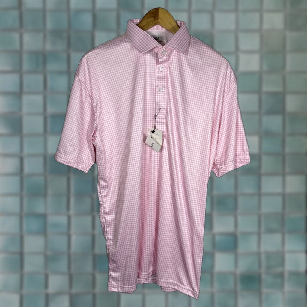 CO Collars & Co Dress Collar Polo Shirt L Pink Gingham Semi Spread Short Sleeve Button Closure Men Golf Polo Carded Regular Fit Size 42R - 1 Thumbnail