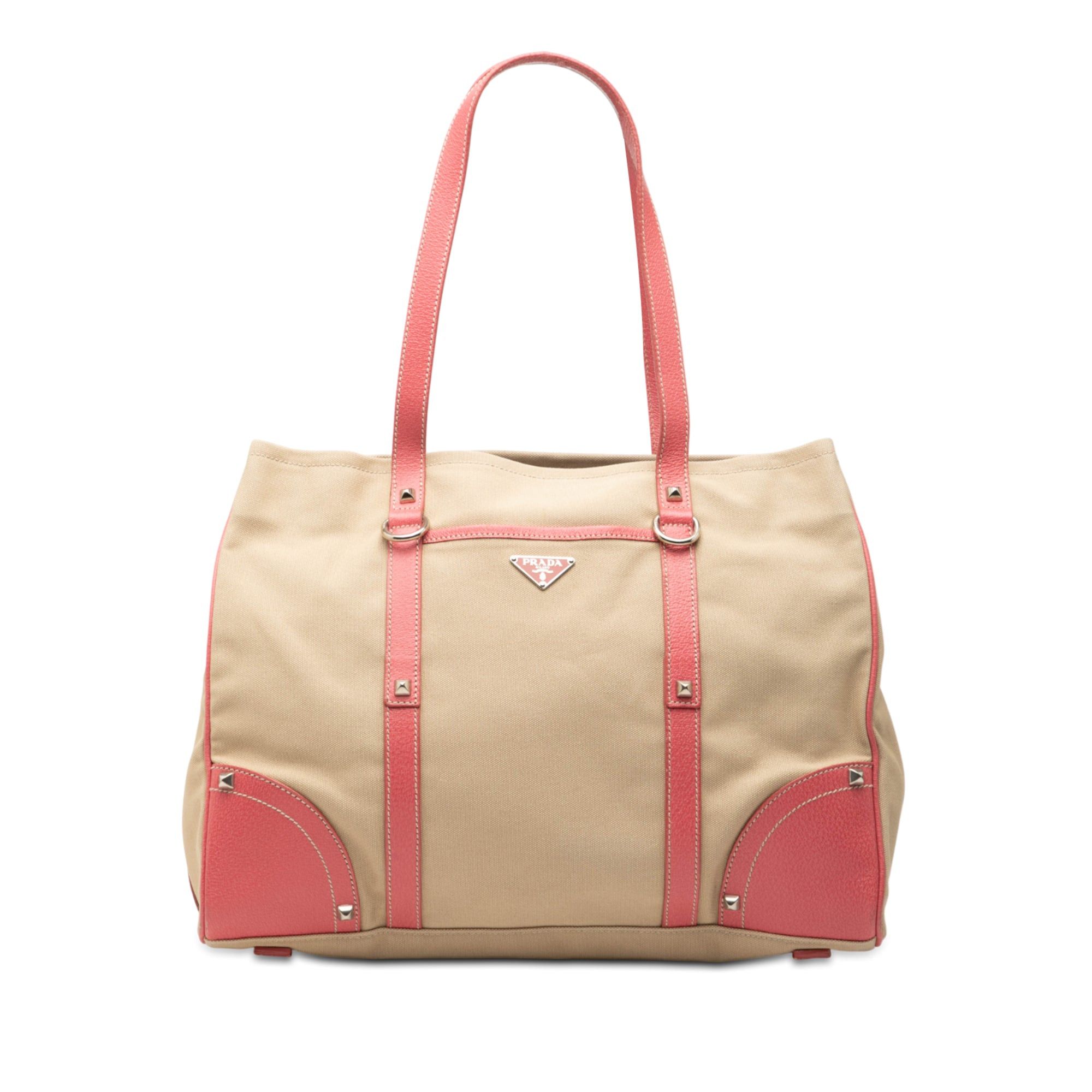 Prada Studded Leather Trimmed Canvas Front Pocket Tote Size ONE SIZE - 1 Thumbnail