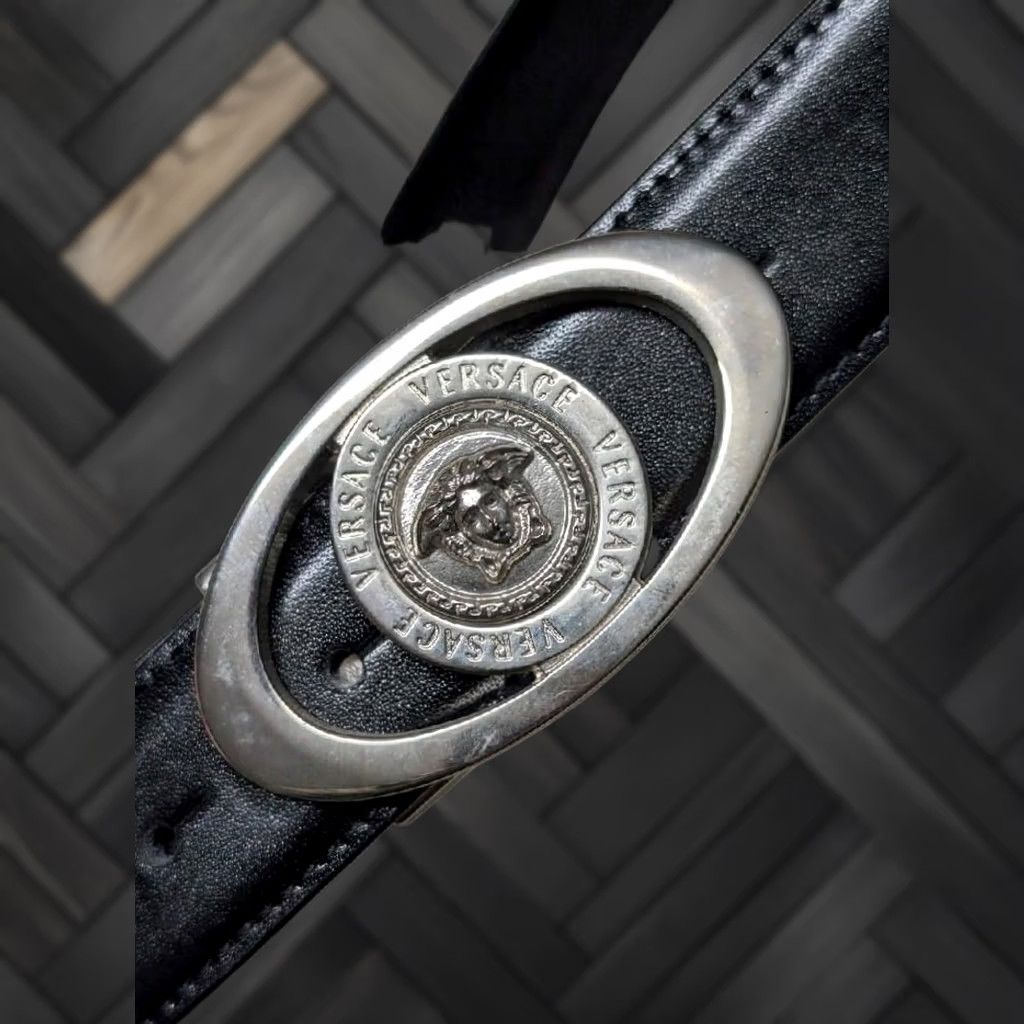 Versace VINTAGE Versace belt MEDUSA black leather chrome buckle belt Men 34") Size 34 - 1 Thumbnail