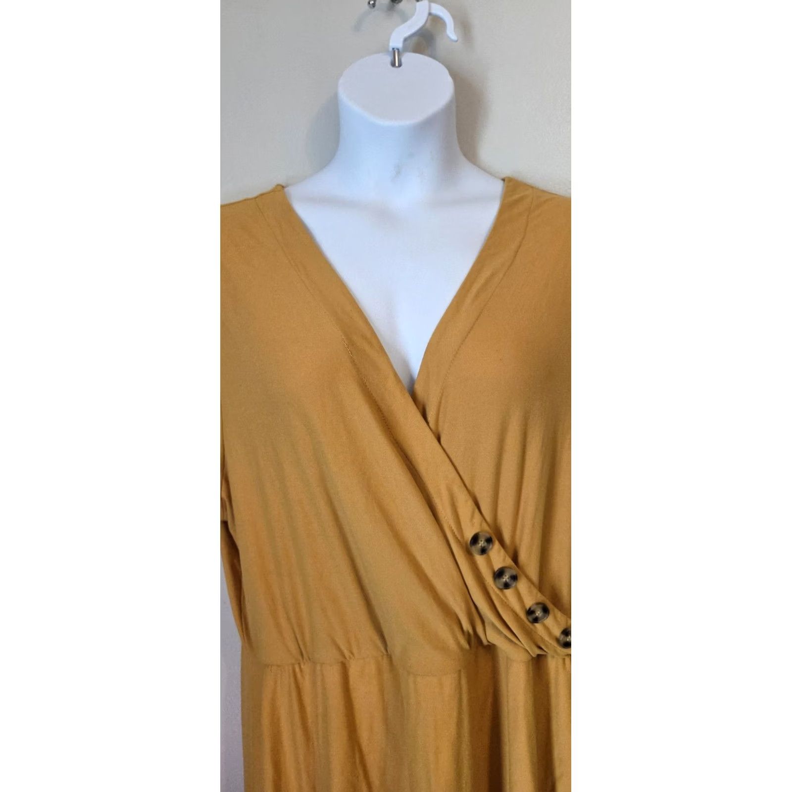 Vintage Derek Heart Mustard Gold Wrap Dress 3X Tortoiseshell Buttons Yellow Women Size XXL / US 16-18 / IT 52-54 - 6 Thumbnail