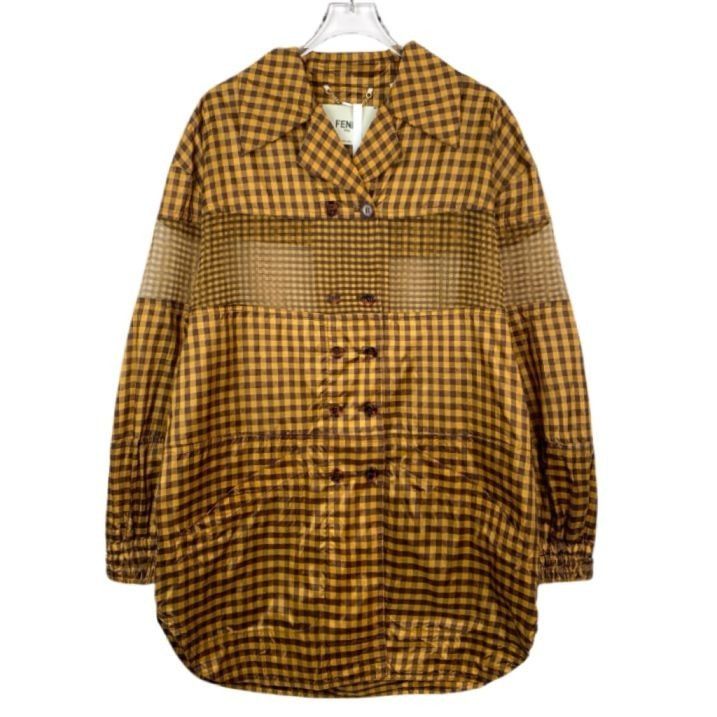 Fendi Fendi Grid Mesh Overlay Lapel Double-Breasted Yellow Silk Lo Size S / US 4 / IT 40 - 1 Thumbnail