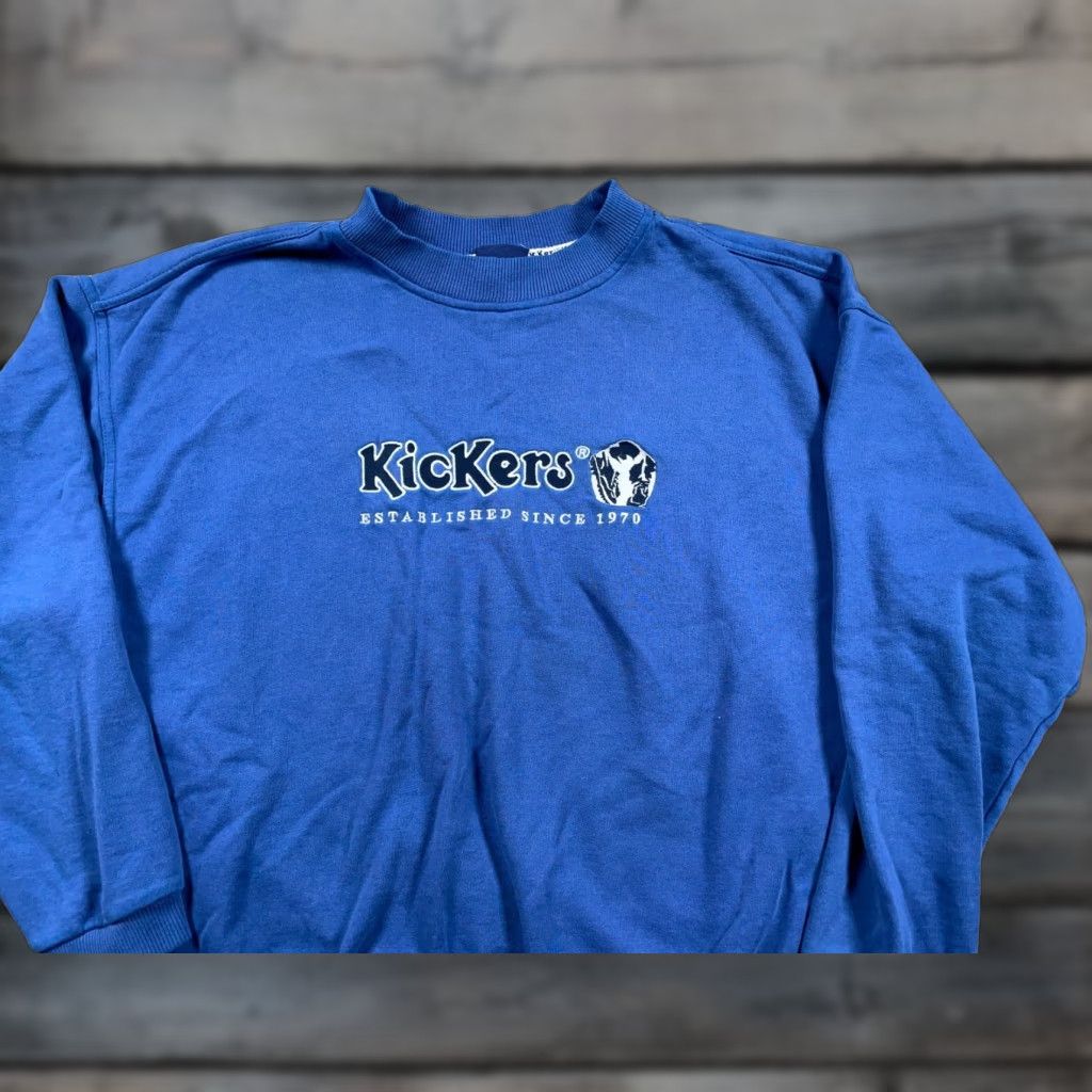 VINTAGE Kickers Sweatshirt Adult XL Blue Embroidered Logo 80s Retro Sports Graphic Print Cotton Polyester Lightweight Crew Neck Pullover Men