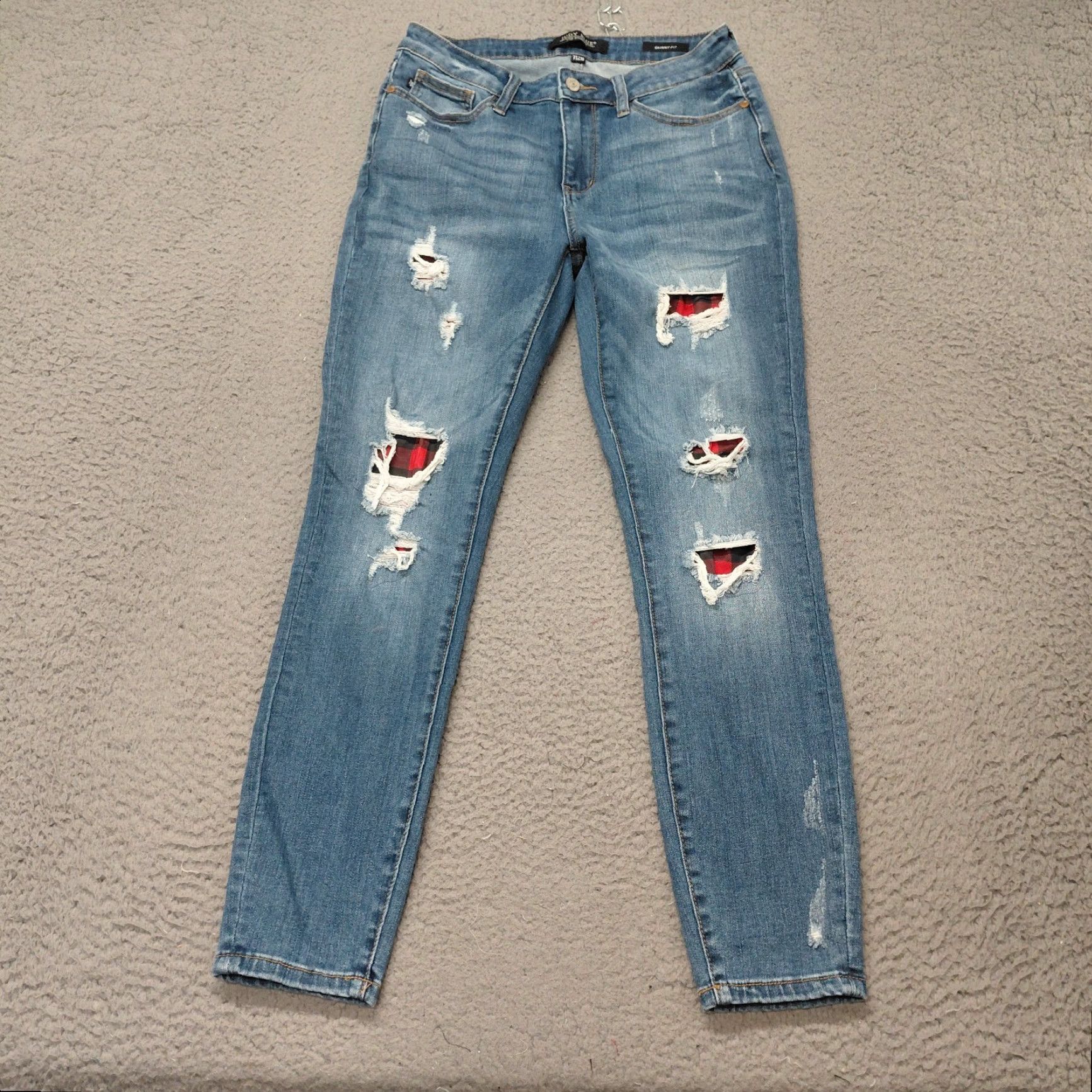 Vintage Judy Blue Jeans Women's 7/28 Blue Skinny Fit Distressed Buffalo Plaid Patch Jeans Shirt? Size 28" / US 6 / IT 42 - 2 Thumbnail