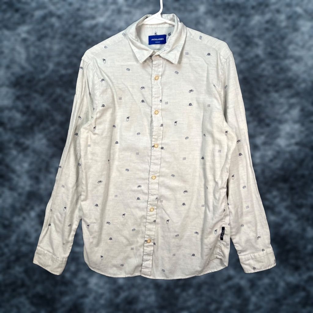Jack & Jones JACK & JONES Mens Medium White Long Sleeve Button-Up Shirt w/ Blue Graphic Print Shirt Size US M / EU 48-50 / 2 - 1 Thumbnail