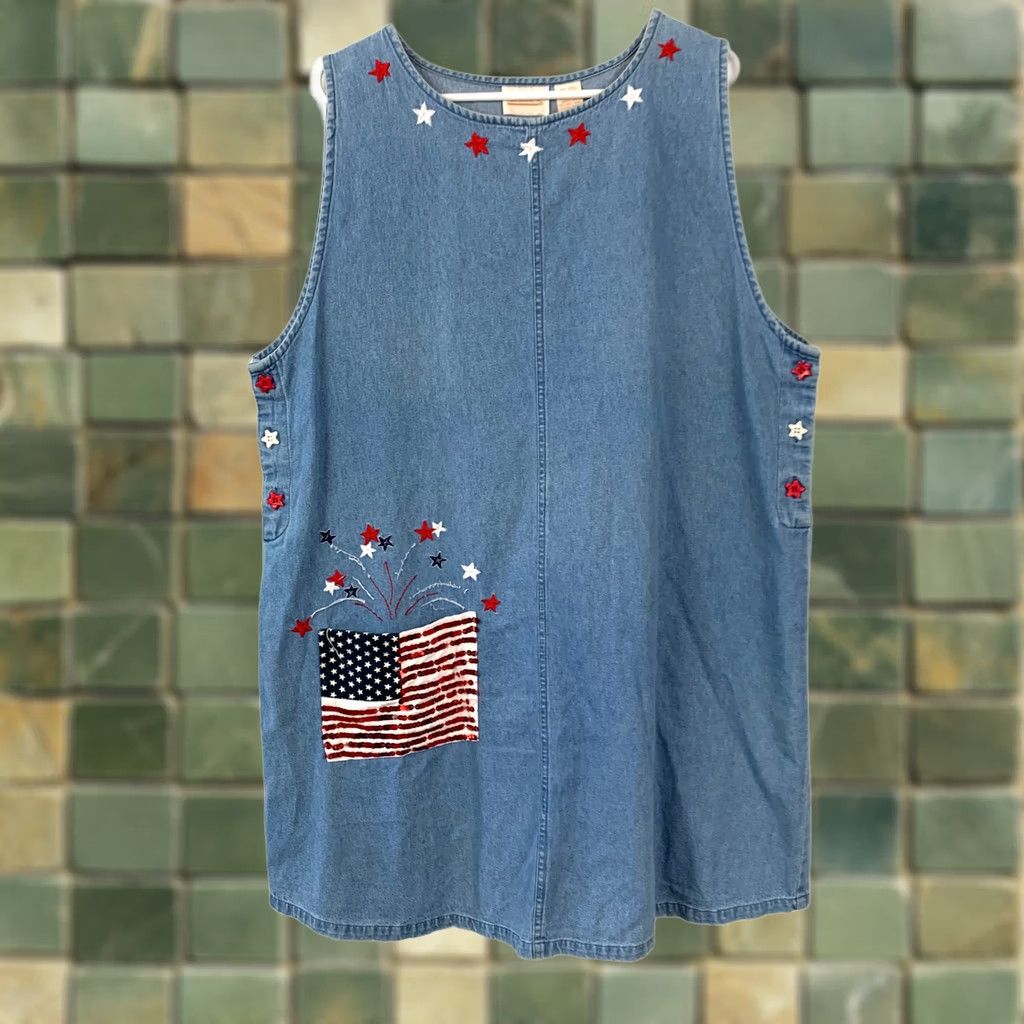 Vintage Roaman's Plus Size 20W Denim Shift Dress American Flag Stars 4th Of July Sequin Embroidered Button Geometric Star USA Patriotic Womens Dress Size 3XL / US 20-22 - 1 Thumbnail