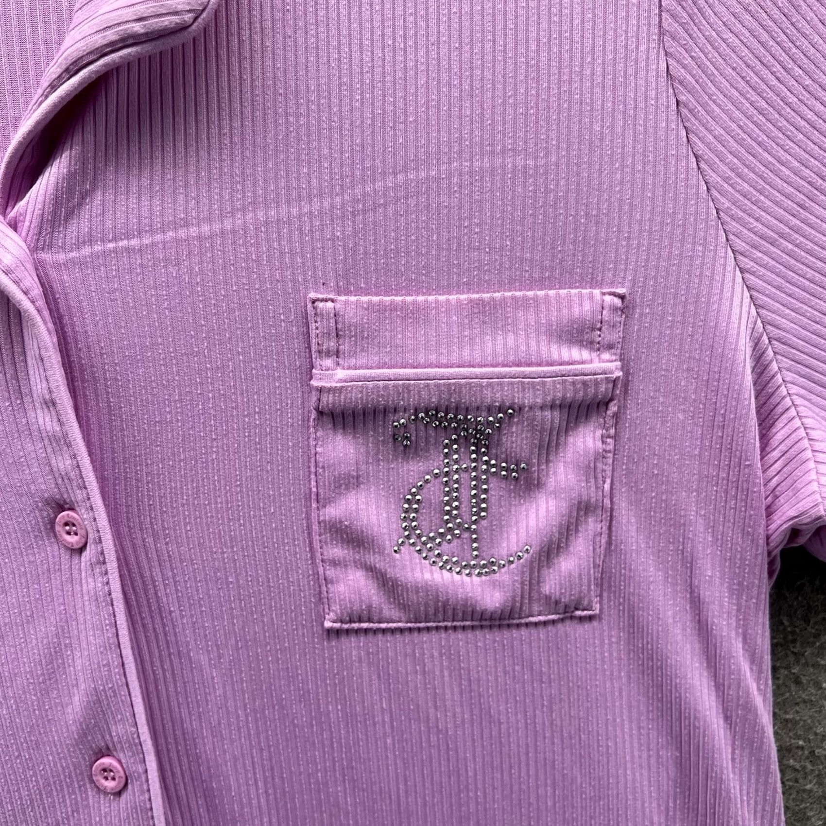 Juicy Couture Juicy Couture Pajama Top Womens Medium Purple Button Front Rhinestone Sleep Lounge Short Sleeve Collared Retro Jersey Knit Size M / US 6-8 / IT 42-44 - 7 Thumbnail